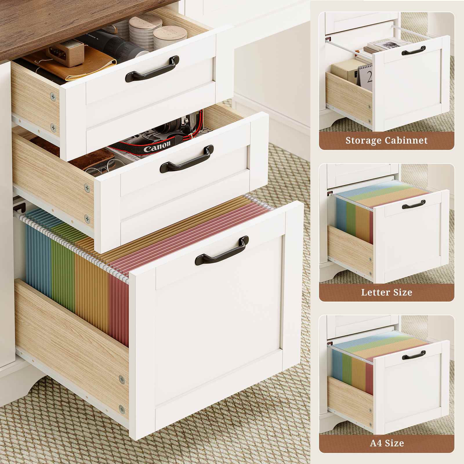 Sikaic Computer Desk 59 Inches Executive Desk with Power Outlet and LED Light White White / Engineered Wood / Farmhouse