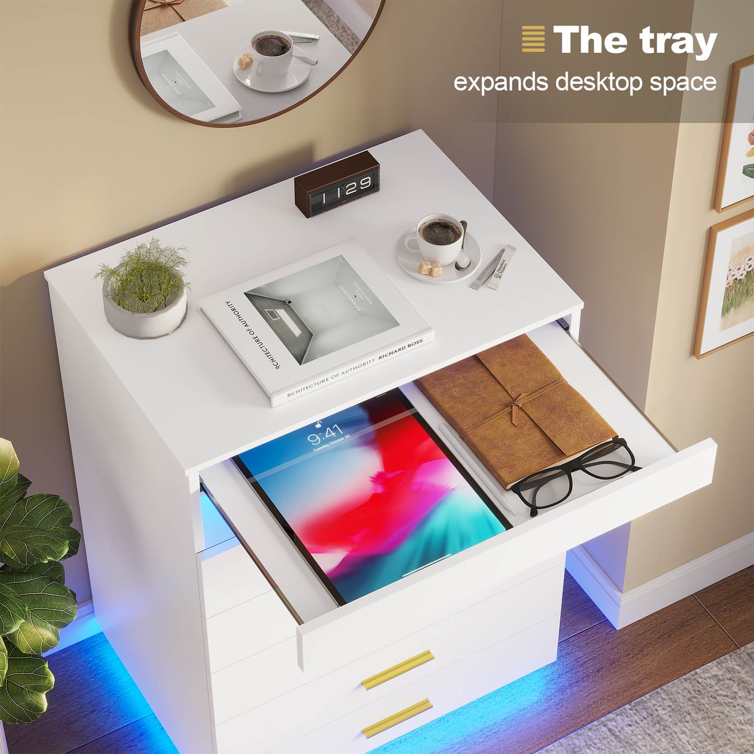 Sikaic Dresser Modern Floating White Dresser Chest of 5 Drawers with Pull-Out Shelf and Open Storage & LED Lights