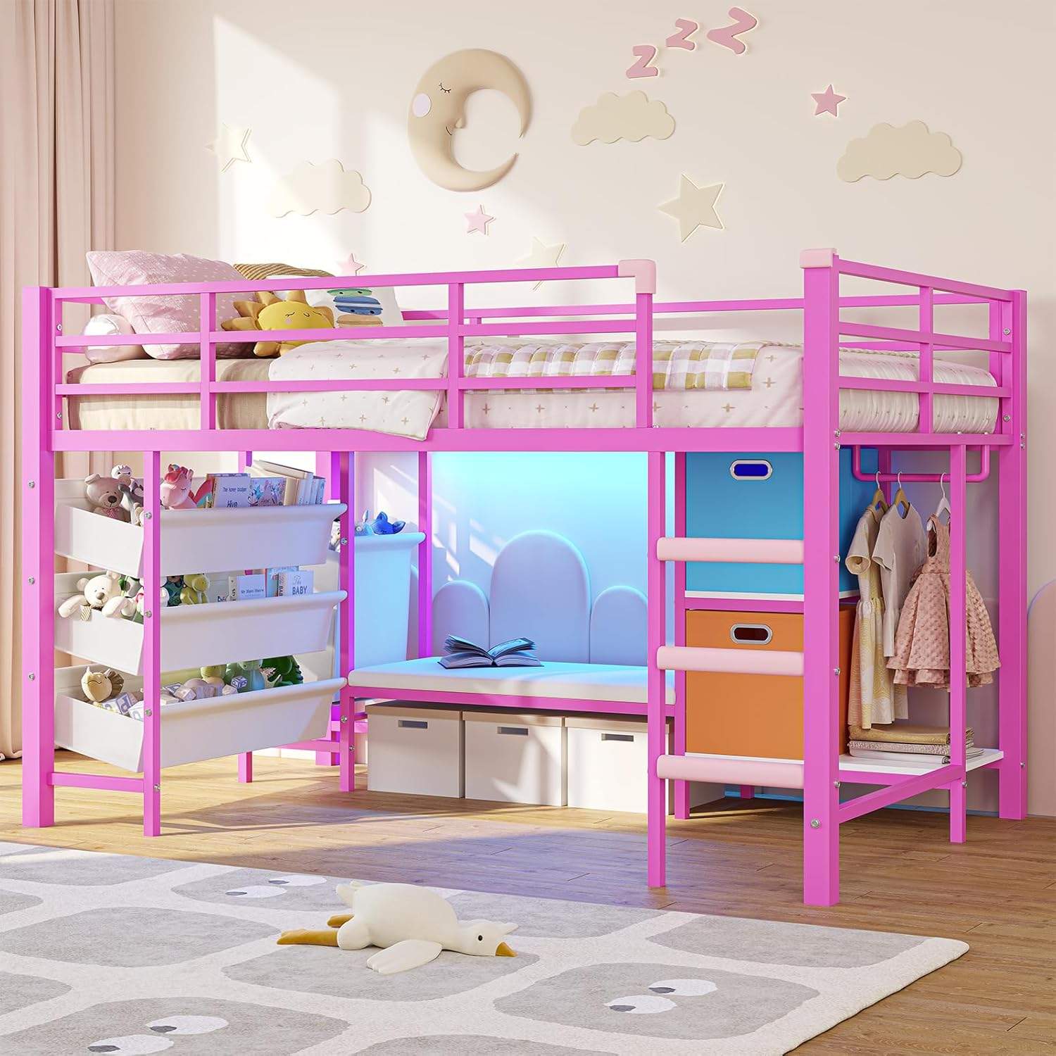 Sikaic Loft Bed Frame Low Loft Bed Twin Size with Reading Corner and Storage Basket Pink Pink / Metal / Modern