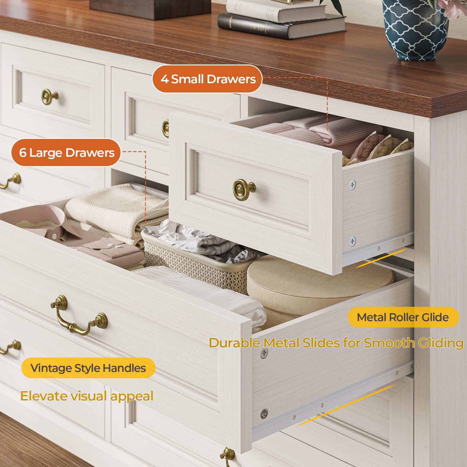 Sikaic Dresser 55 Inches 10 Drawers Dresser with Natural Texture and Vintage Handles White White / Engineered Wood / Modern