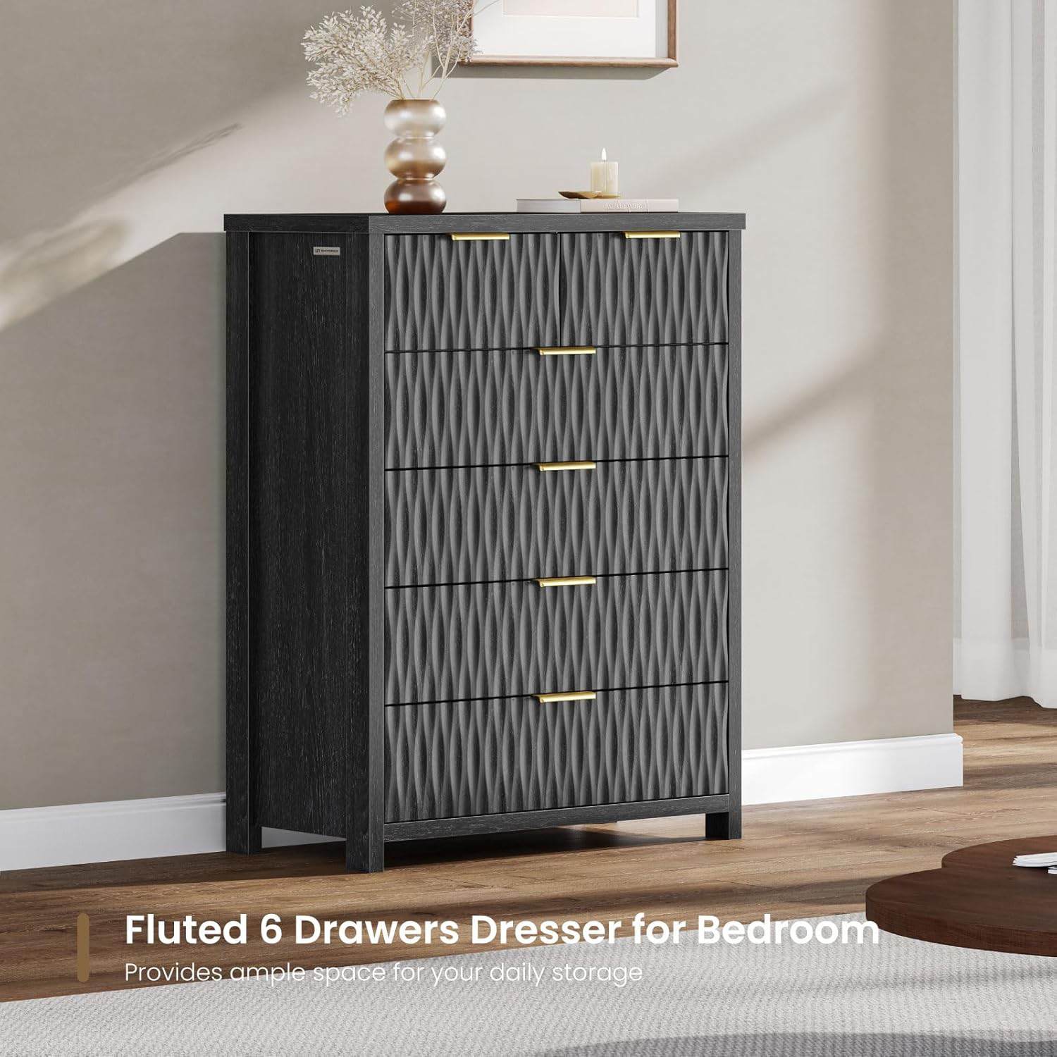 Sikaic Dresser Fluted Tall Dresser with 6 Drawers Black Black / Engineered Wood / Modern