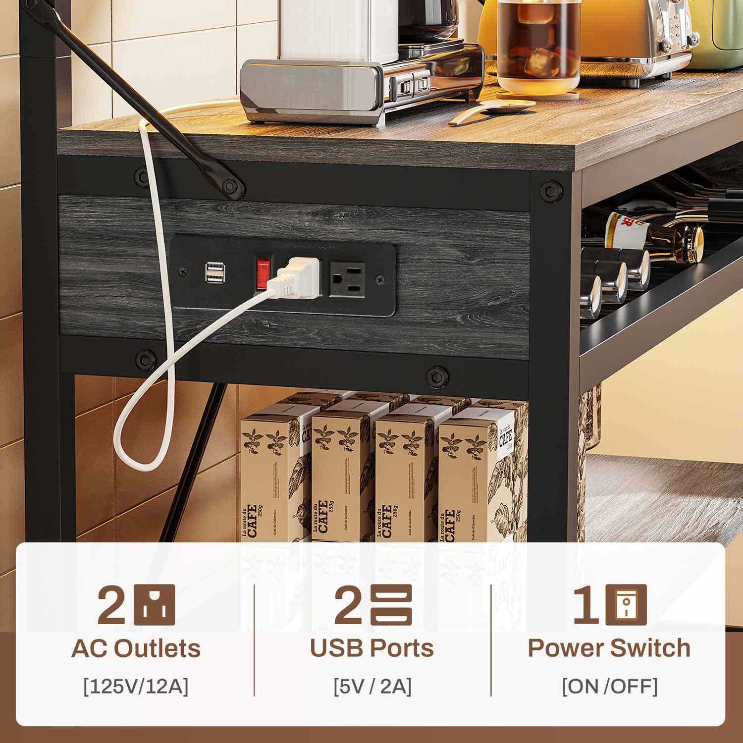 Sikaic Bakers Rack LED Bakers Rack with Power Outlet Storage Grey