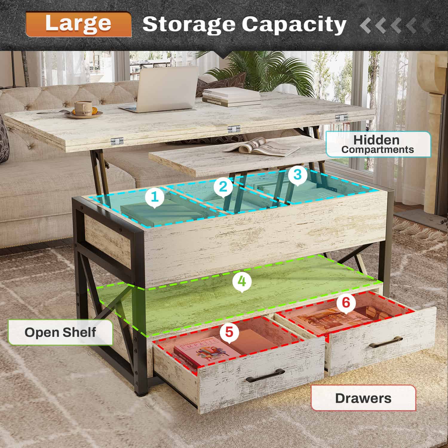 Sikaic Coffee Table 40" Inches Lift Top 4 in 1 LED Coffee Table with 2 Drawers Storage White