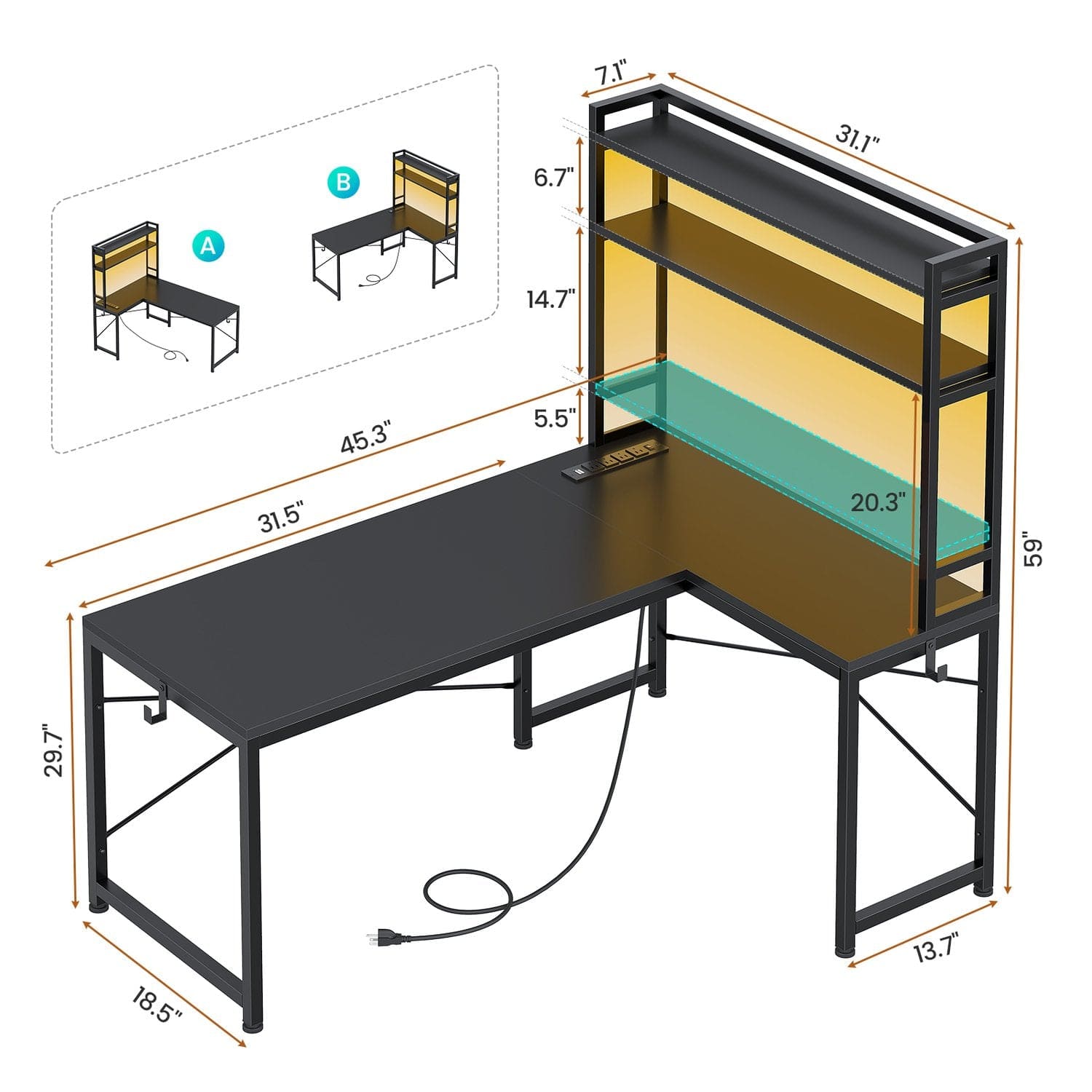 Sikaic Gaming Desk 45.3 inches LED Reversible L Shaped Gaming Desk with Hutch Power Outlet Storage Shelves  and Hooks Black