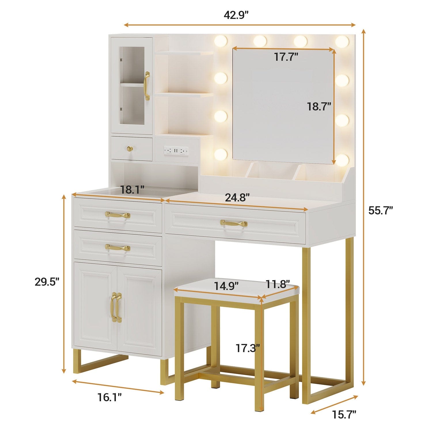 Sikaic Makeup Vanity Sikaic Glass Top Makeup Vanity Desk with Lighted Mirror & Bench Charging Station Double Door Cabinet White & Gold