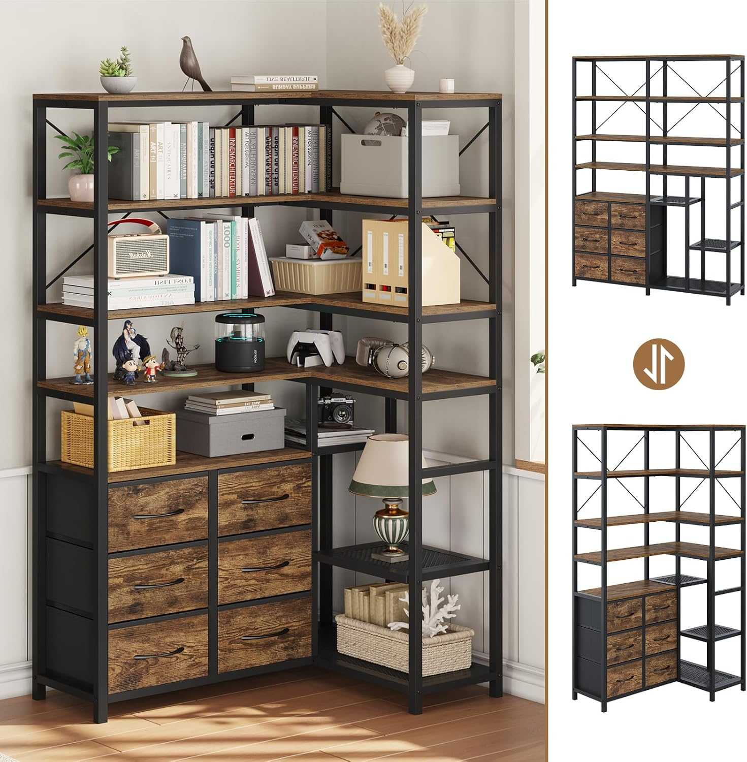 Sikaic Bookshelf 7-Tier Industrial Convertible Bookshelf with 6 Fabric Drawers Rustic Brown Brown / Industrial / Engineered Wood