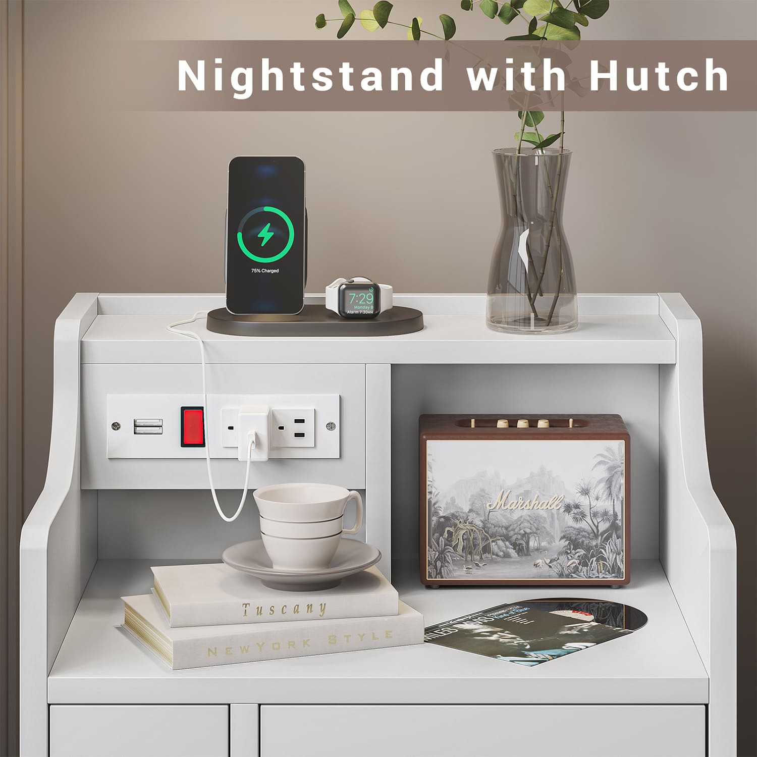 Sikaic Nightstand Nightstand with Charging Station Drawers White