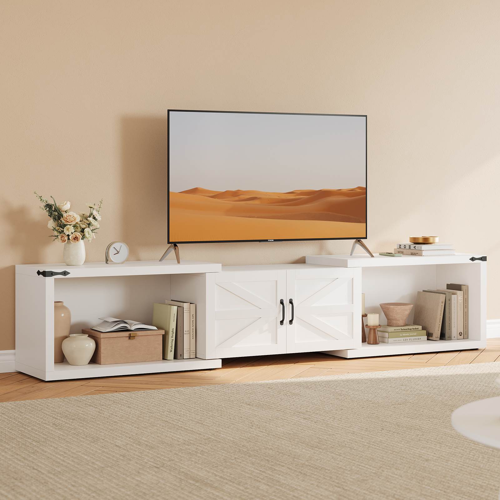 Sikaic TV Stands 86 Inches Deformable TV Stand with Storage White White / Engineered Wood / Farmhouse