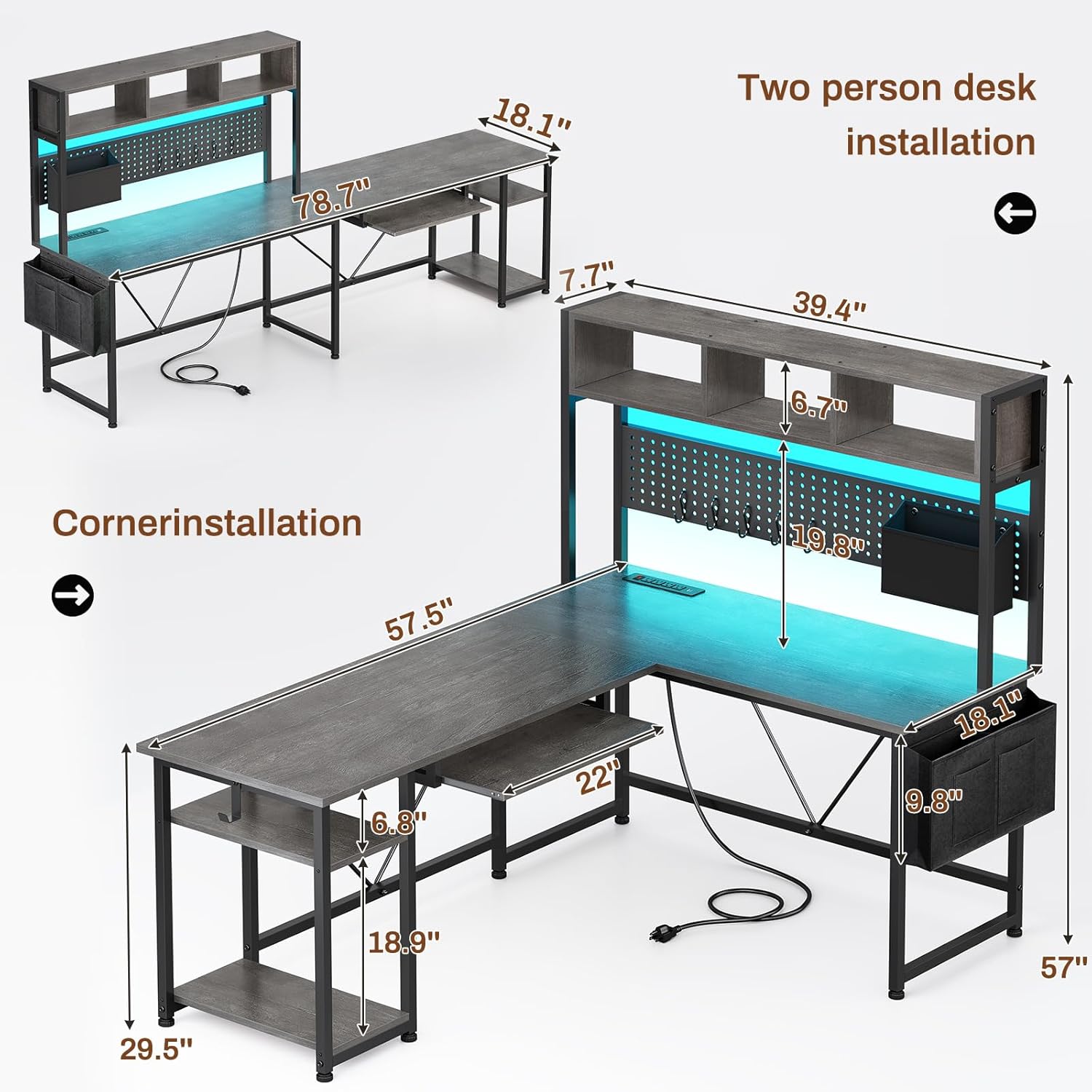 Sikaic Gaming Desk 57.5 Inches Reversible L Shaped Gaming Desk with LED Lights and Power Outlet Grey Grey / Engineered Wood / Modern