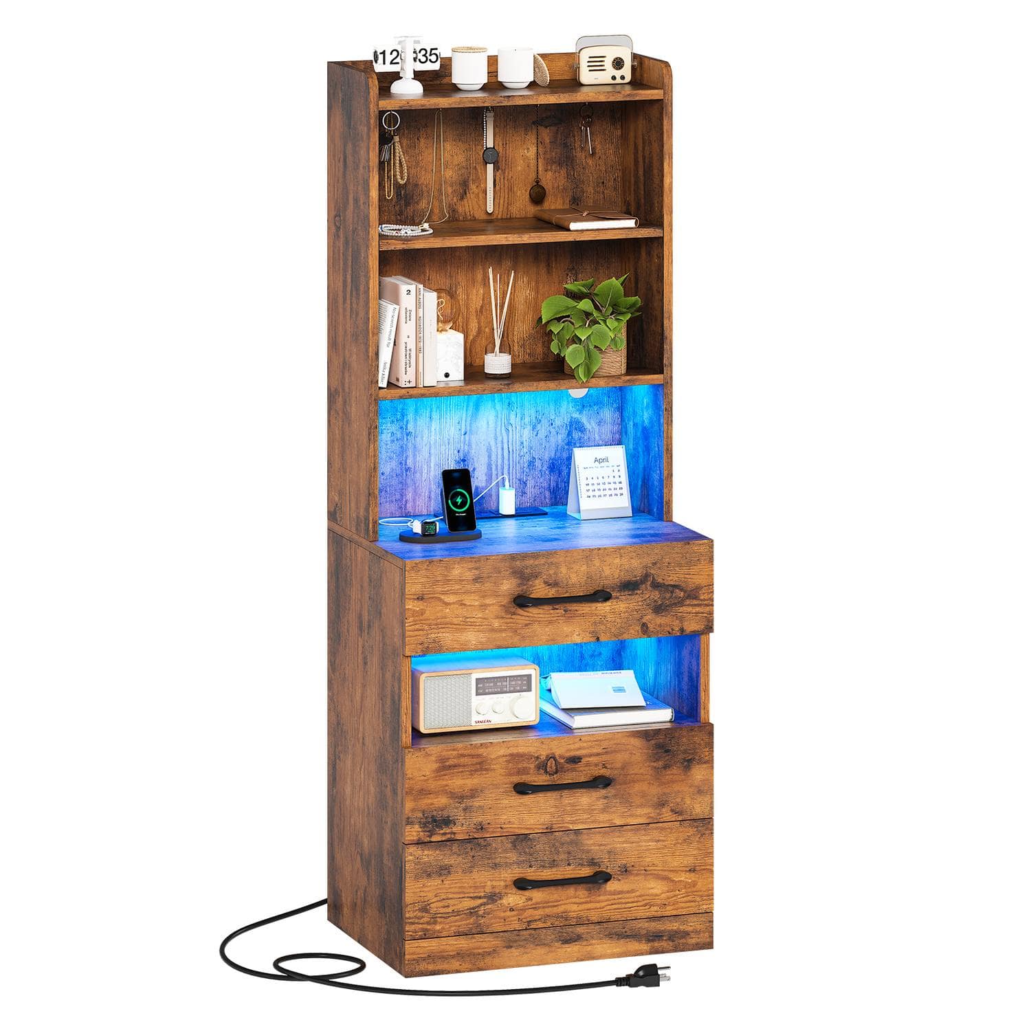 Sikaic Nightstand LED Tall Nightstand with Charging Station 3 Drawers And Bookshelf Brown