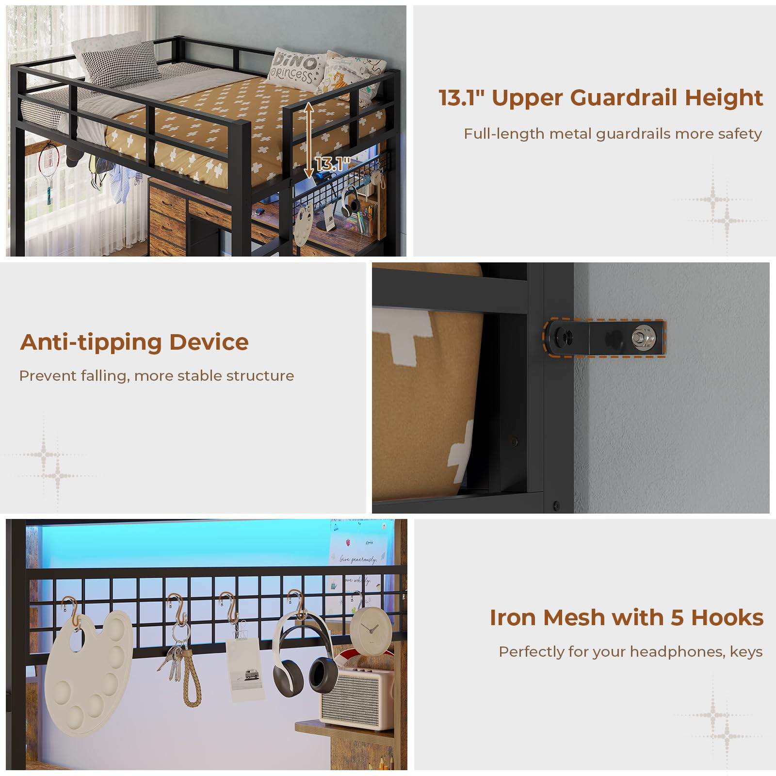 Sikaic Bed Frame Full Metal Loft LED Bed Frame with 8 Storage Drawers & Charging Station and 4 Open Storage Shelves Brown Brown / Full Size / Steel