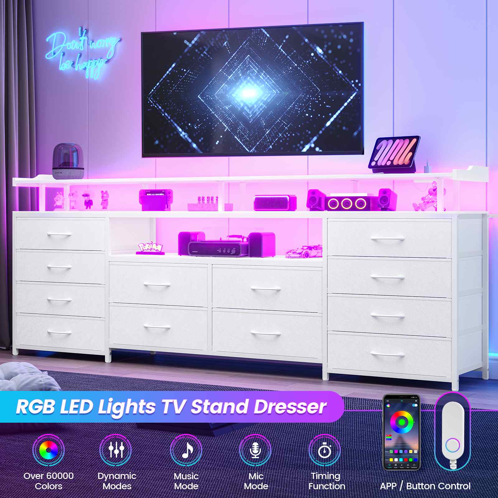 Sikaic TV Stands 63 Inches TV Stand Dresser with LED Lights and Charging Station White White / Engineered Wood / Modern