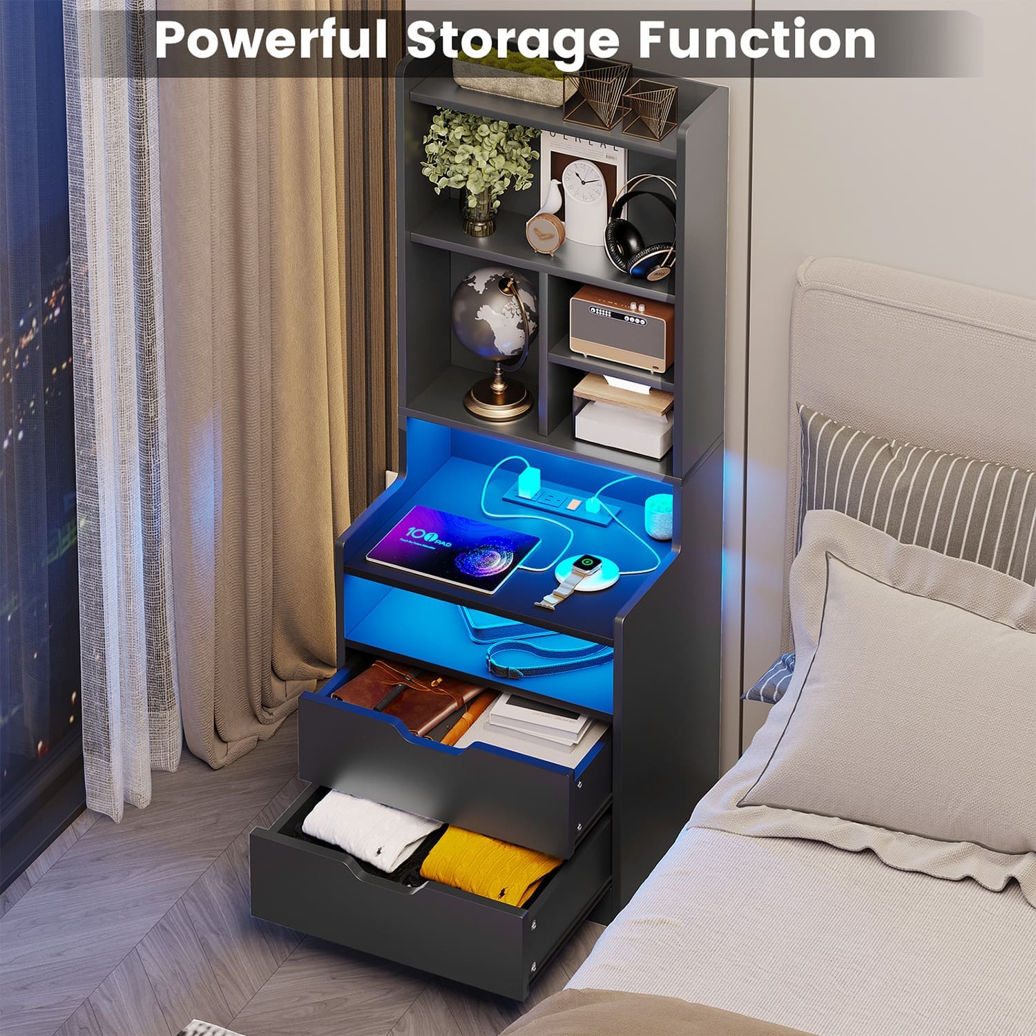 Sikaic Nightstand LED Nightstand with Bookshelf Charging Station Black
