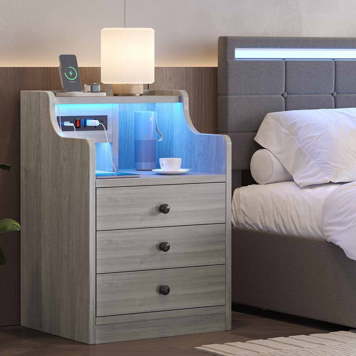 Sikaic Nightstand LED Nightstand with Hutch Drawers Charging Station Grey