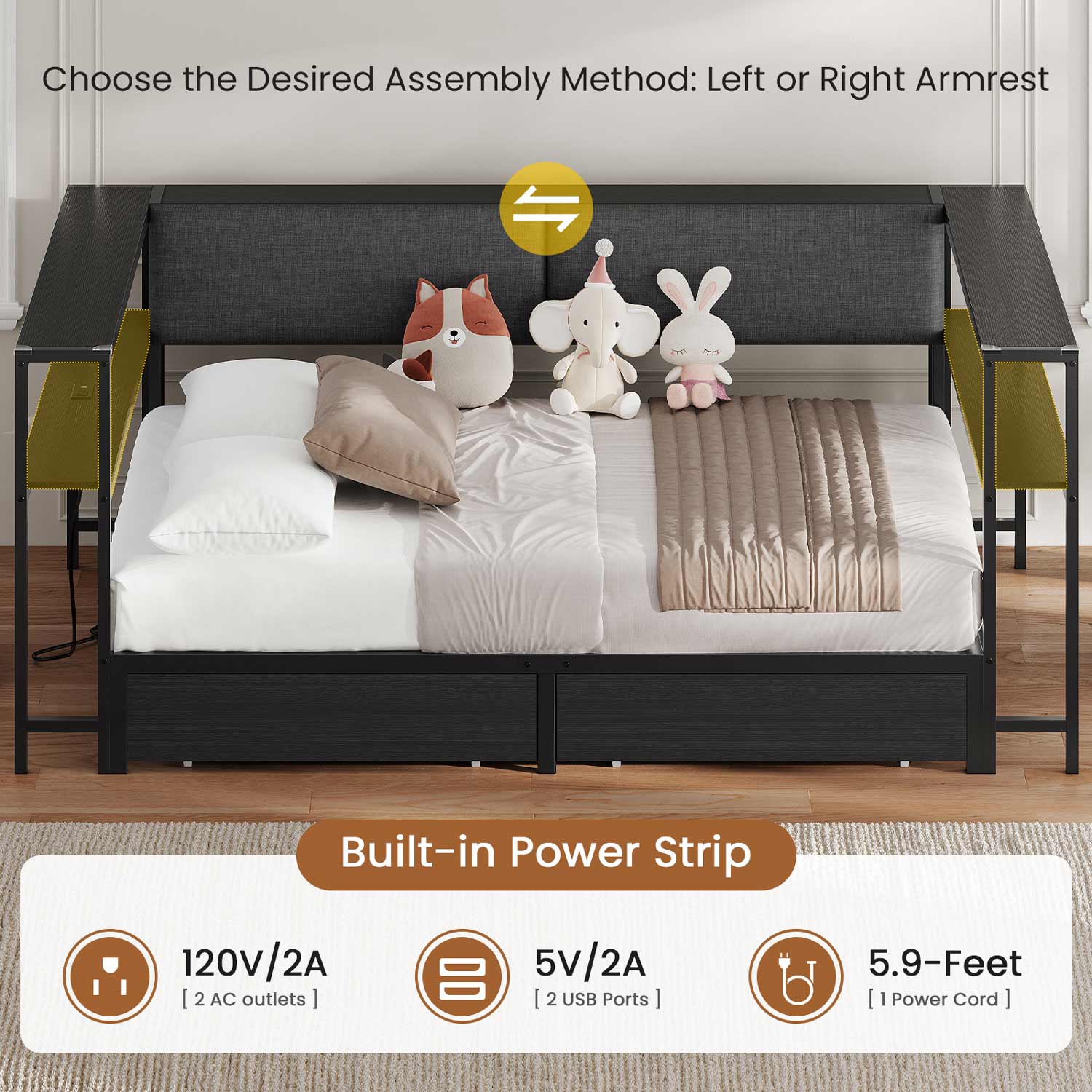 Sikaic Daybeds Full Size Daybeds with Charging Station and Storage Shelves Black Black / Full / Modern