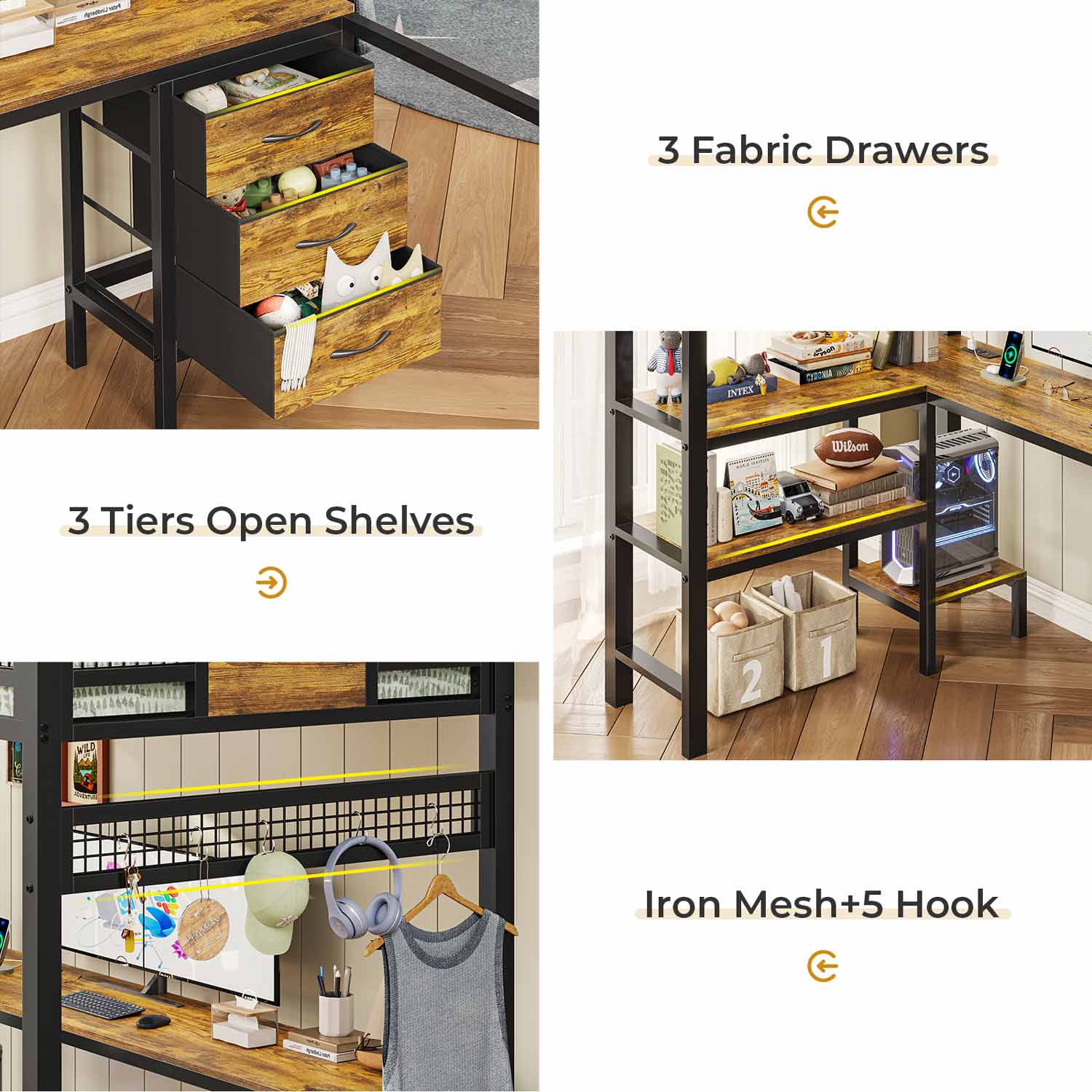 Sikaic Bed Frame Metal Loft Bed Frame Twin Size with L-Shaped Desk LED Lights Charging Station Drawers & Shelve Black