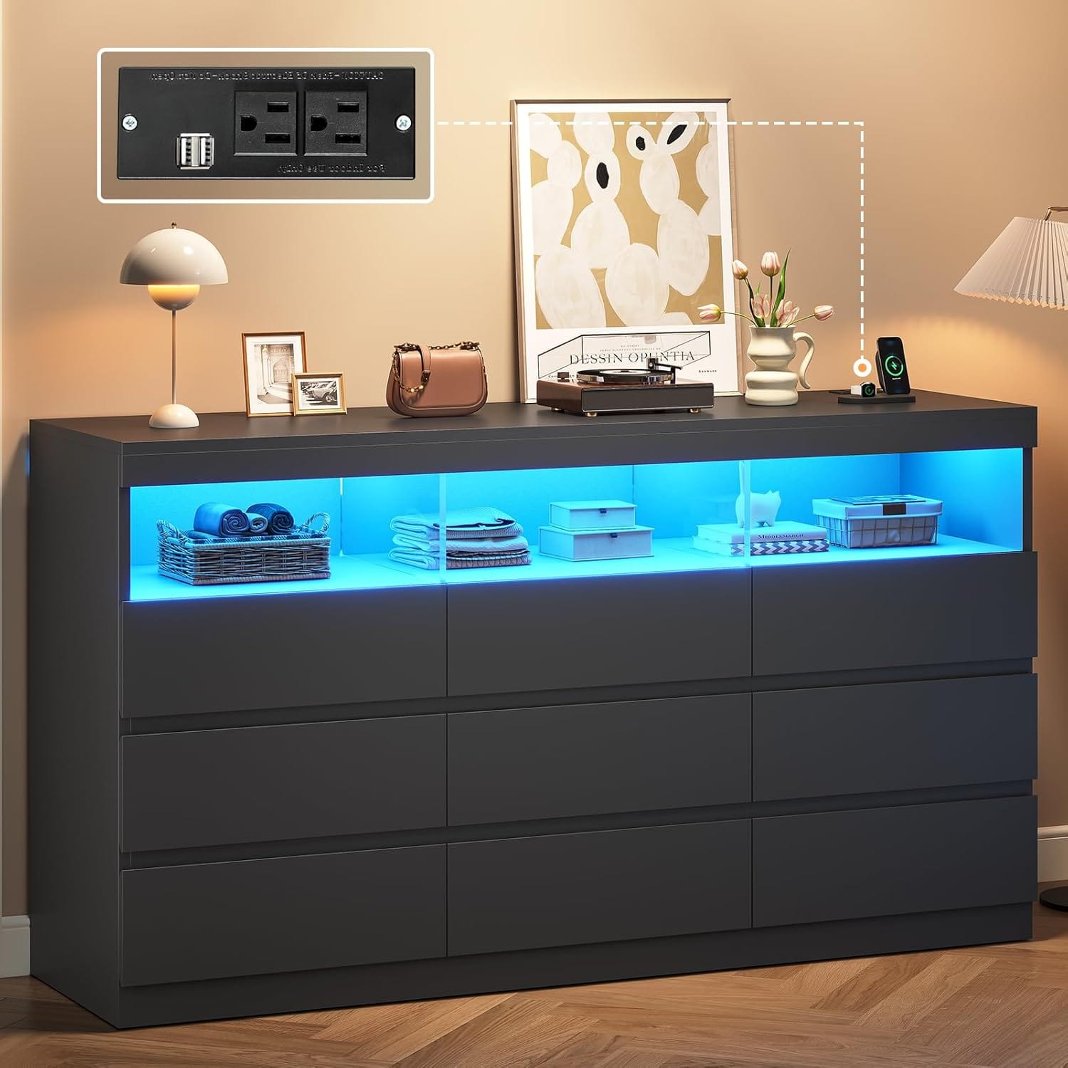 Sikaic Dresser Black Dresser Chest of 9 No-Handle Drawers with LED RGB Lights for Bedroom
