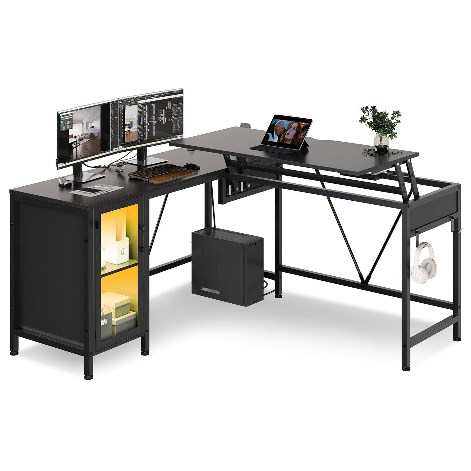 Sikaic Gaming Desk 50.4 Inches Reversible LED Gaming Desk Black Black / Engineered Wood / Modern