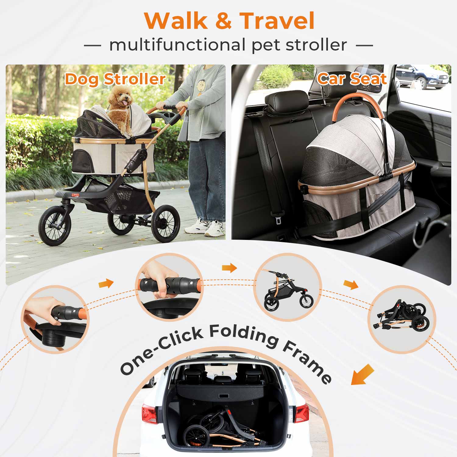 Sikaic Pet Stroller Pet Stroller Folding Traveling Strolling Cart Light Khaki