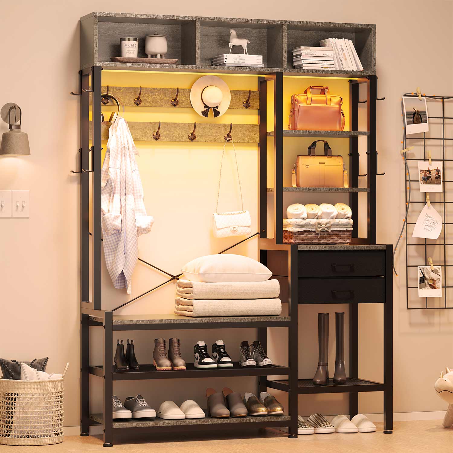 Sikaic Hall Tree Hall Tree with Bench and Shoe Storage Oak Grey