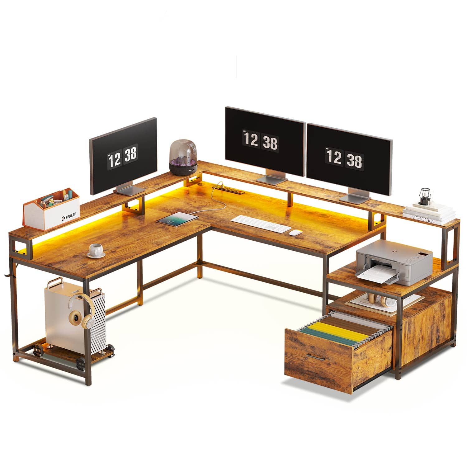 Sikaic Gaming Desk 66 Inches L Shaped Corner 2 Person Gaming Desk Rustic Brown Brown / Modern
