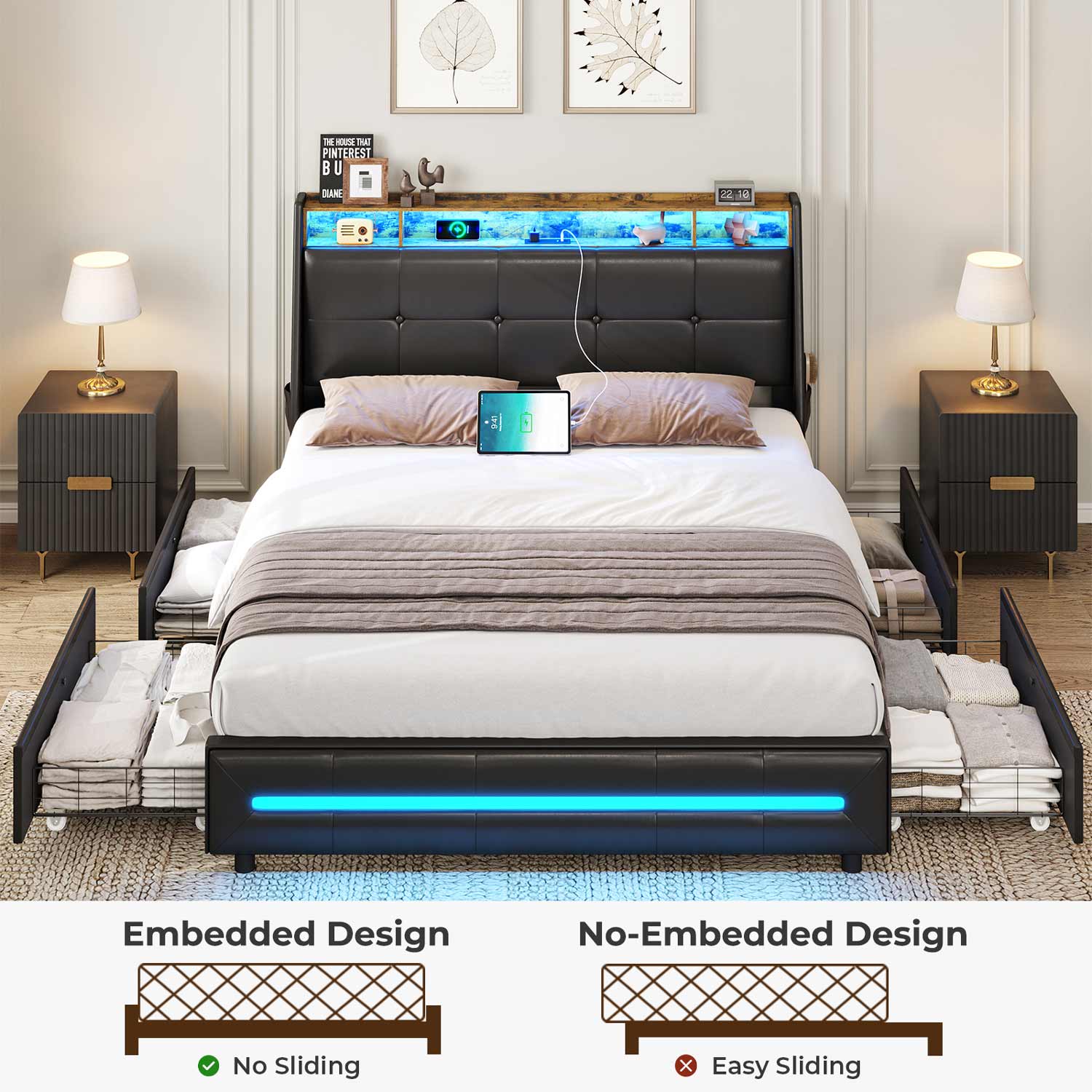 Sikaic Bed Frame 4 Storage Drawers LED Bed Frame with Charging Station Black
