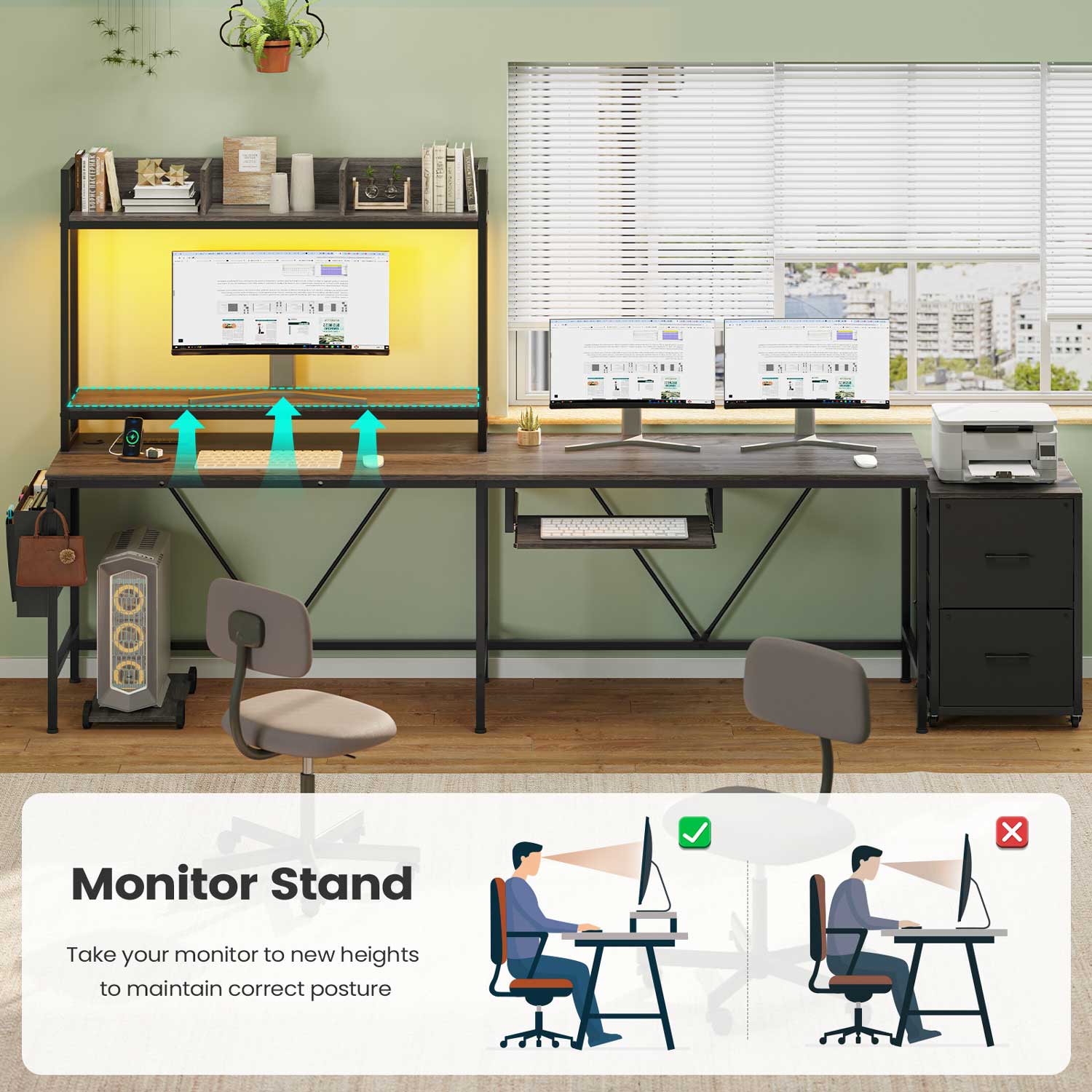Sikaic Gaming Desk 67 Inches Led L Shaped Reversible Corner Gaming Desk with Power Outlet & Drawer File Cabinet Keyboard Tray Dark Grey