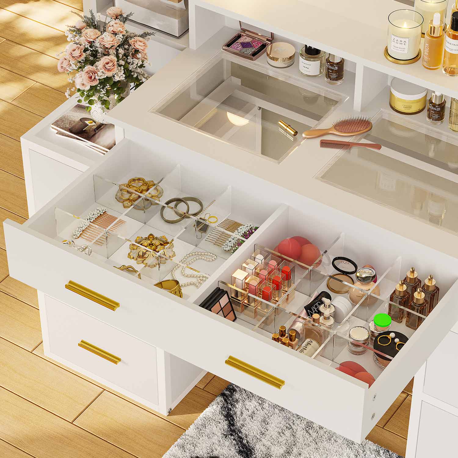 Sikaic Makeup Vanity Glass Top Makeup Vanity with Lights Power Strip & 10x Magnifying Mirror And Compartment Storage Drawers & Shelves White