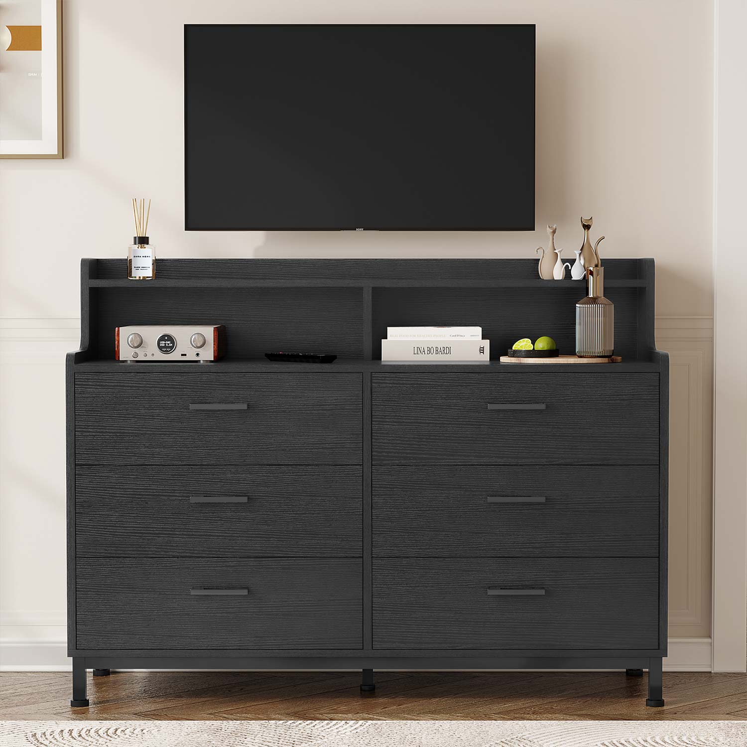 Sikaic Dressers 6 Drawers Double Dresser with Shelves Black
