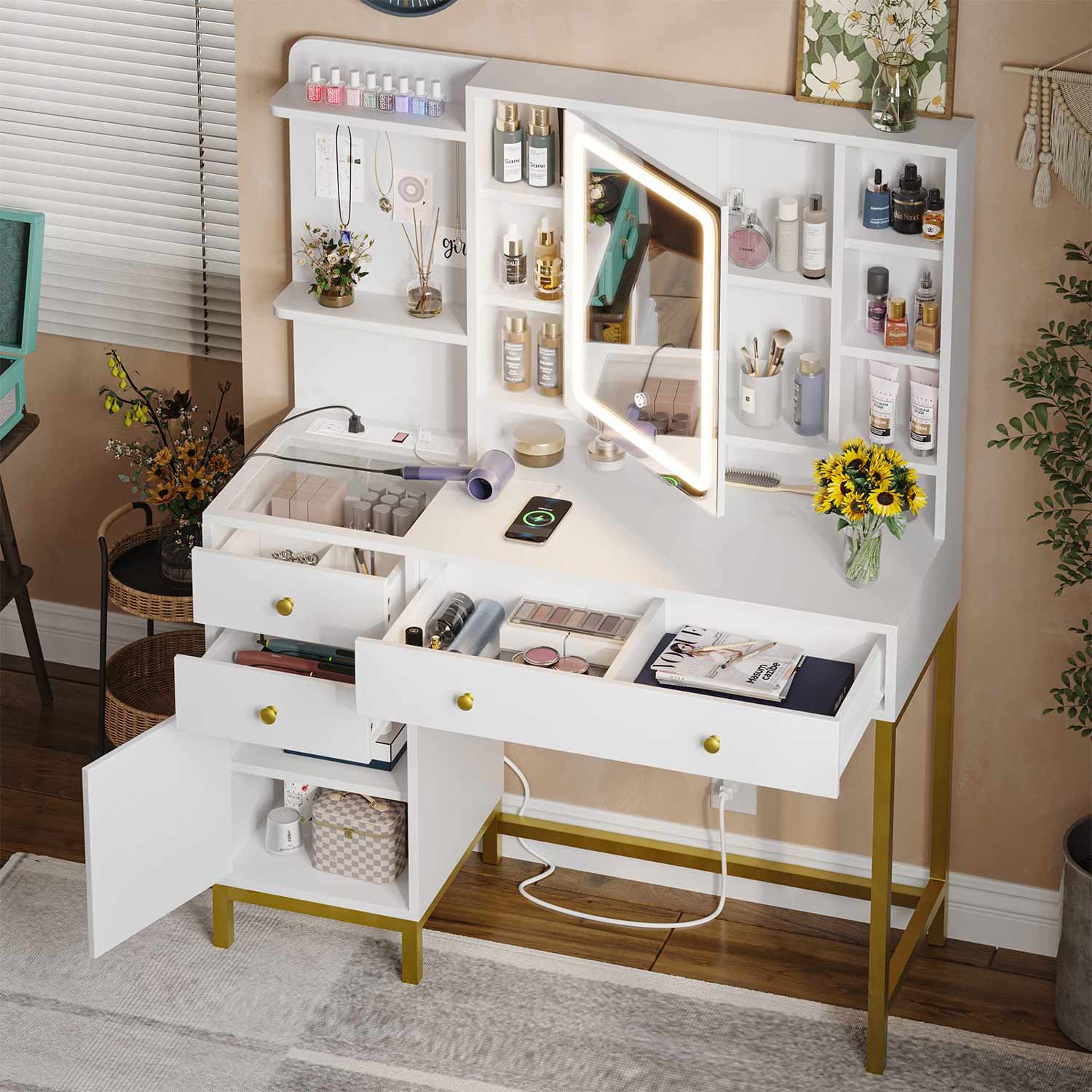 Sikaic Makeup Vanity LED Makeup Vanity Desk with Mirror Charging Station Hidden and Open Storage Shelves White