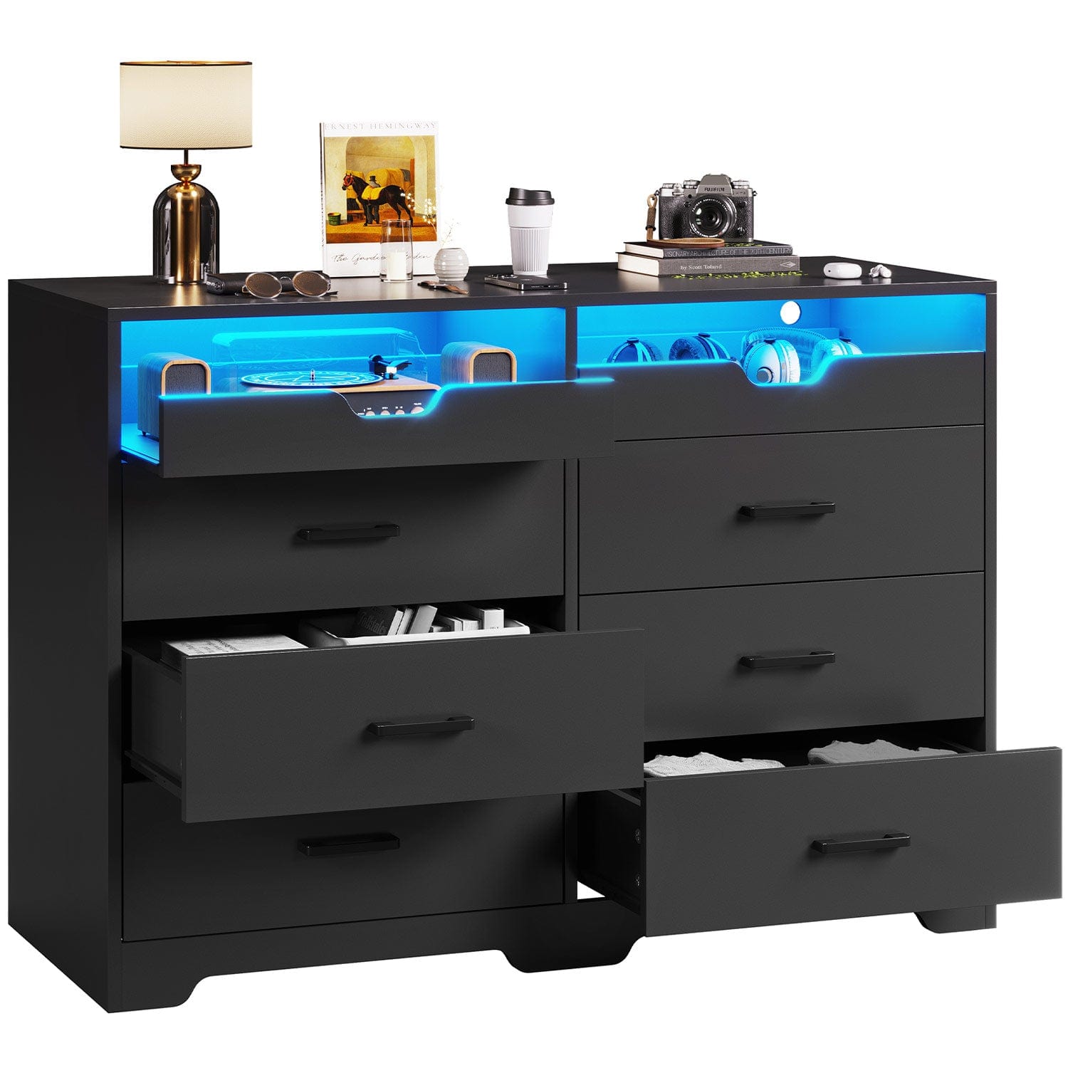 Sikaic Dressers 6 Drawers LED Dresser with 2 Pull-Out Tray Storage Organizer Black