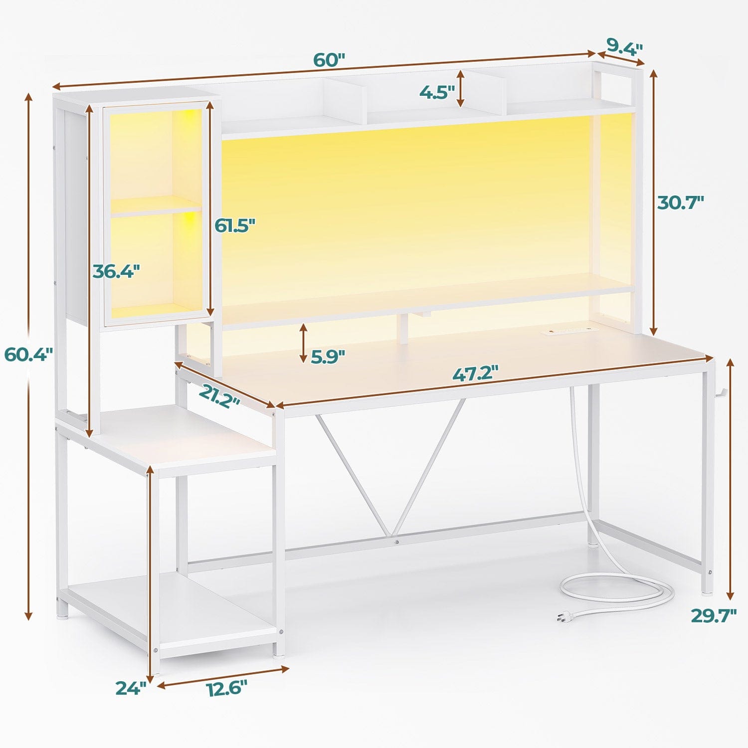 Sikaic Gaming Desk Led Gaming Desk with Power Outlets and Glass Display Cabinet Monitor Stand Hooks CPU Stand White