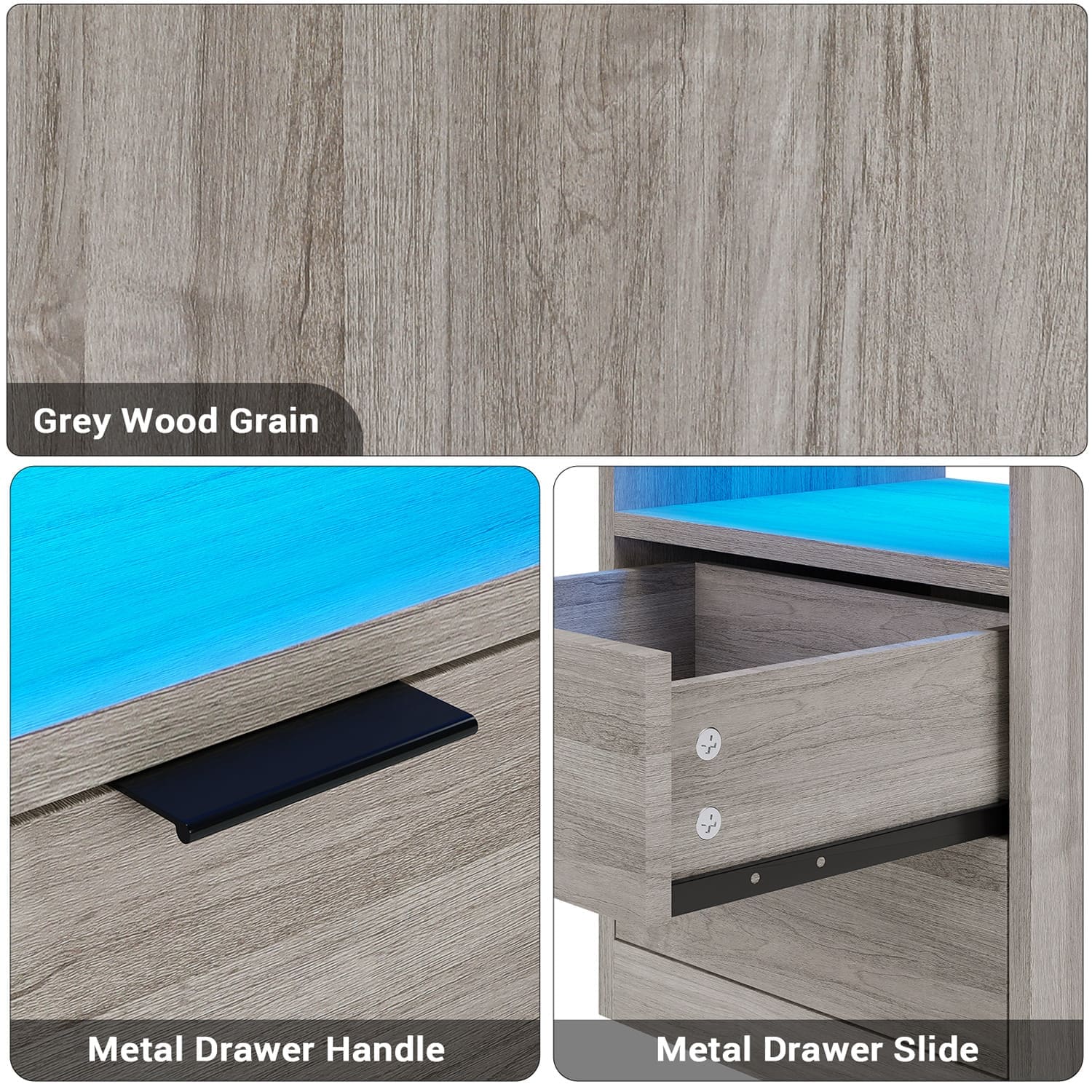 Sikaic Nightstand Nightstand with Pull-Out Shelf Wireless Charging Station and LED Lights Grey