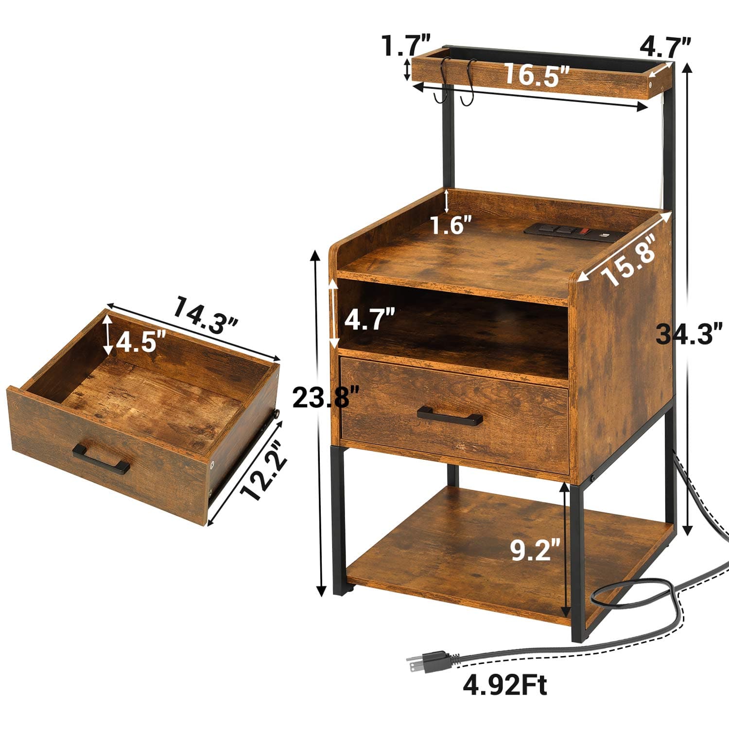 Sikaic Nightstand LED Nightstand with Charging Station & Shelf Brown