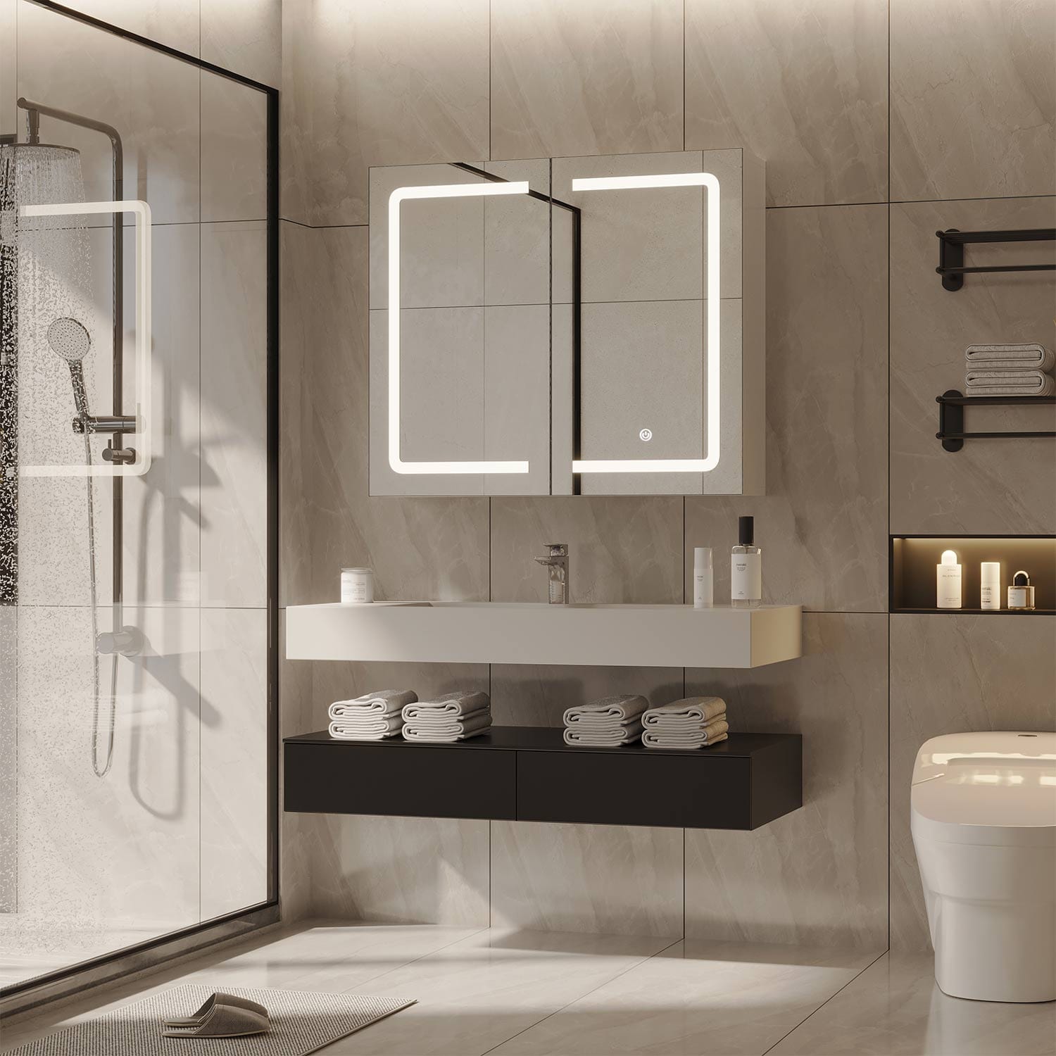 Sikaic Medicine Cabinet Led Double Doors Wall Mounted Medicine Cabinet with Mirror Cabinet Storage Organizer Adjustable Shelves White