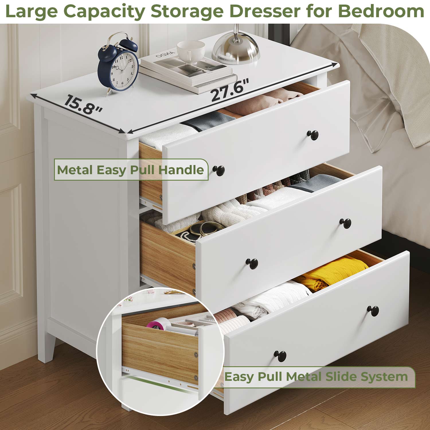 Sikaic Dresser 27.5''W Large Capacity Solid Wood Dresser with 3 Drawers Storage Cabinet White