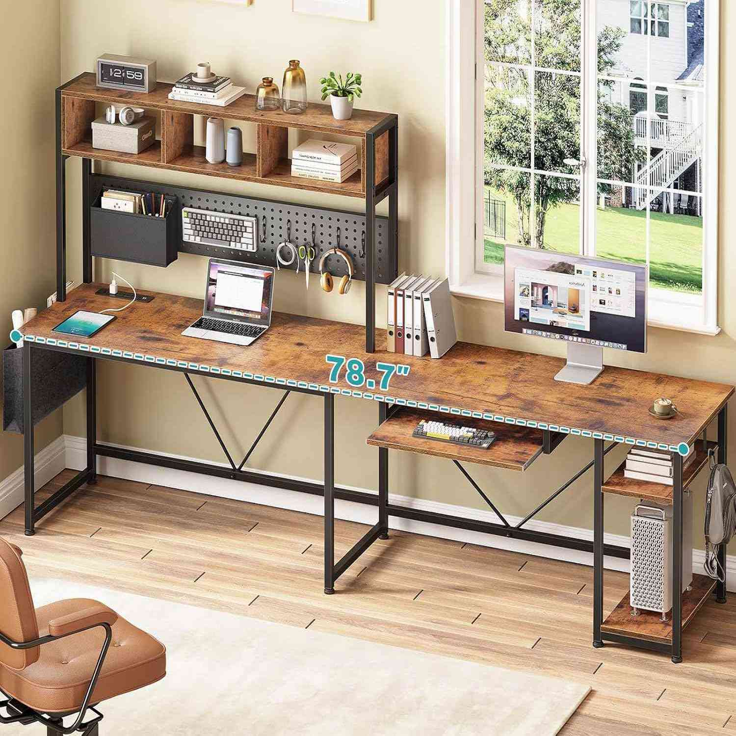 Sikaic Gaming Desk 57.5 Inches Reversible L Shaped Gaming Desk with LED Lights and Power Outlet Rustic Brown Brown / Engineered Wood / Modern