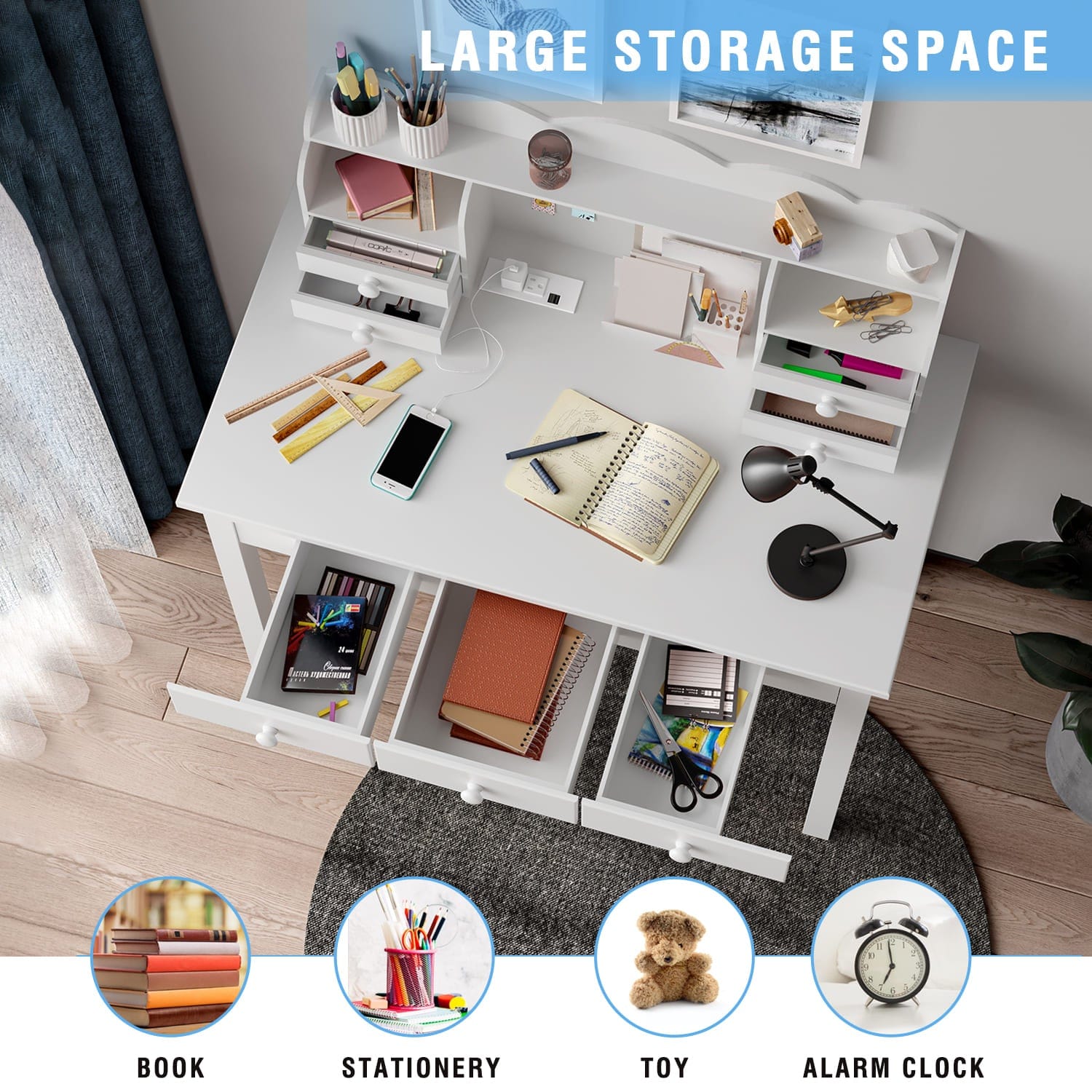Sikaic Solid Pine Wood Legs Writing Desk with USB Port Hutch 7 Drawers White