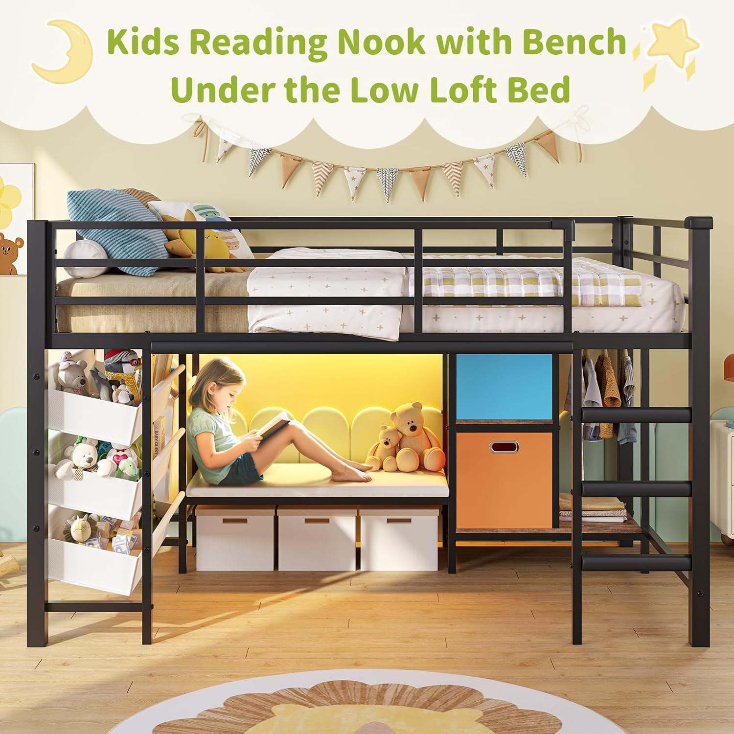 Sikaic Loft Bed Frame Low Loft Bed Twin Size with Reading Corner and Storage Basket Black Black / Metal / Modern