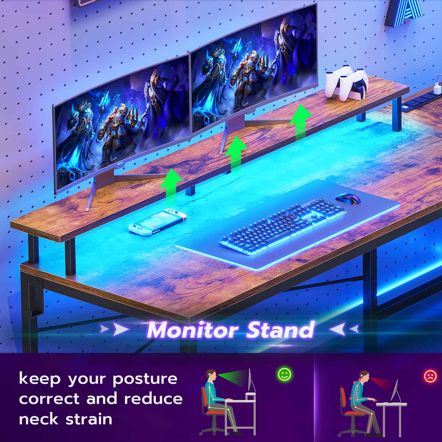 Sikaic Gaming Desk 51 Inches Reversible LED Lights L Shaped Gaming Desk with Power Outlets & Fabric File Drawer Monitor Stand and Hooks Rustic Brown