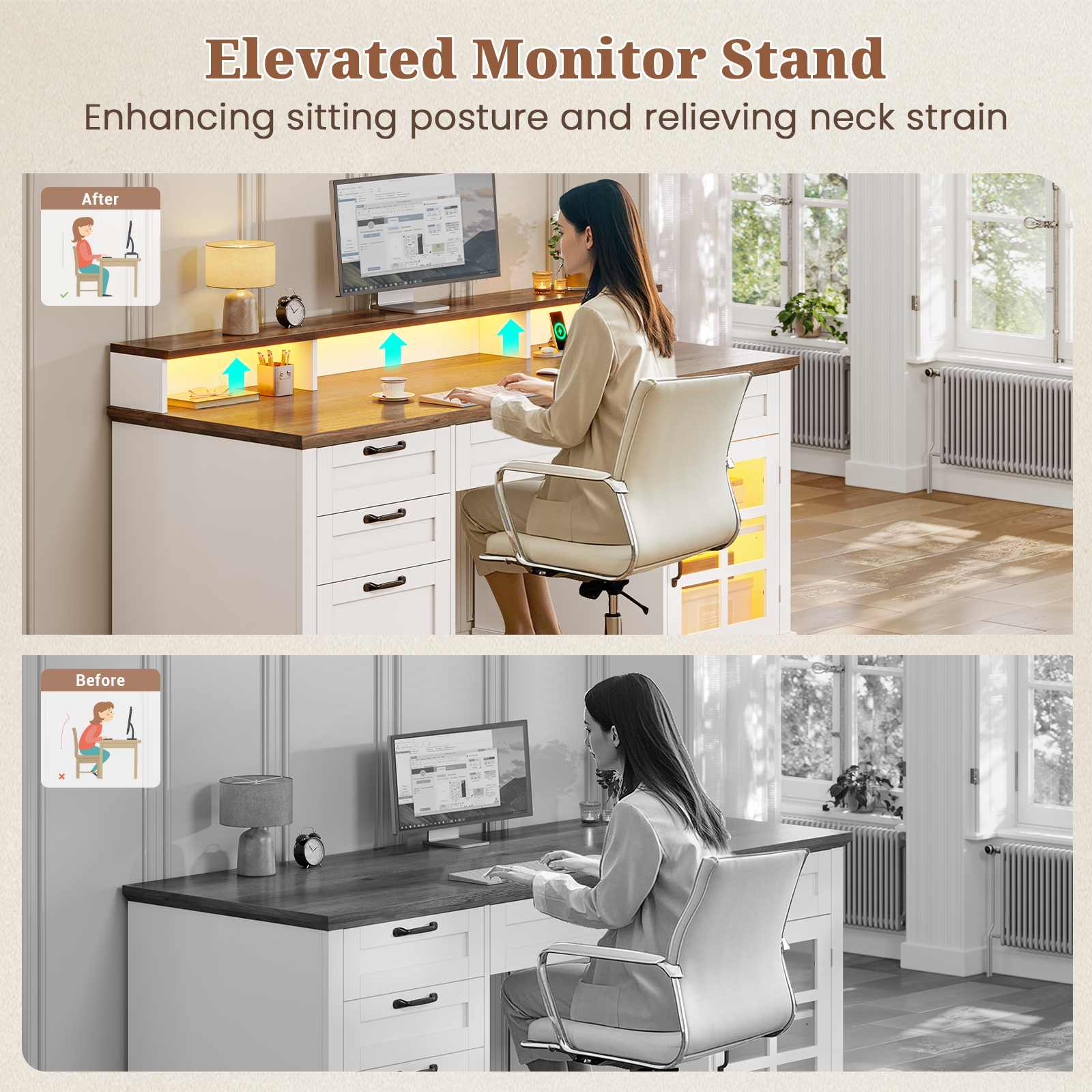 Sikaic Computer Desk 59 Inches Executive Desk with Power Outlet and LED Light White White / Engineered Wood / Farmhouse
