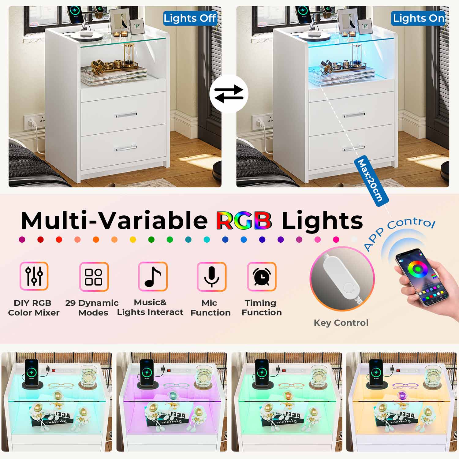 Sikaic Nightstand LED Nightstand with Charging Station Drawers White