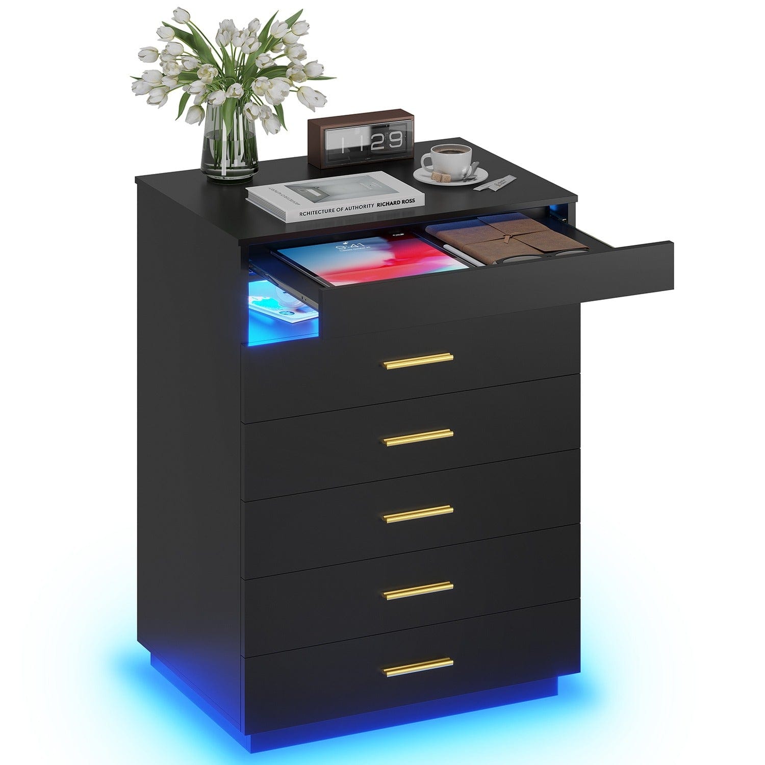 Sikaic Dresser Modern Floating Black Dresser Chest of 5 Drawers with Pull-Out Shelf and Open Storage & LED Lights