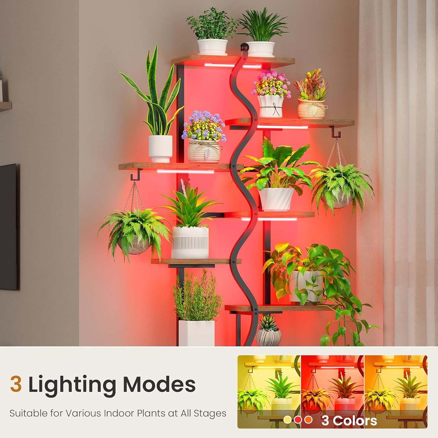 Sikaic Plant Stand 71 Inches S-Shaped Plant Stand Indoor with Grow Lights Rustic Brown Brown / Engineered Wood / Modern