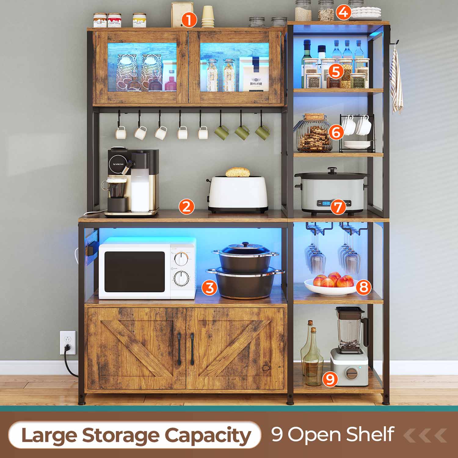 Sikaic Coffee Bar 45.3 Inches Farmhouse Coffee Bar Bakers Rack with Power Outlet and LED Light  Cabinet Kitchen with Storage Brown