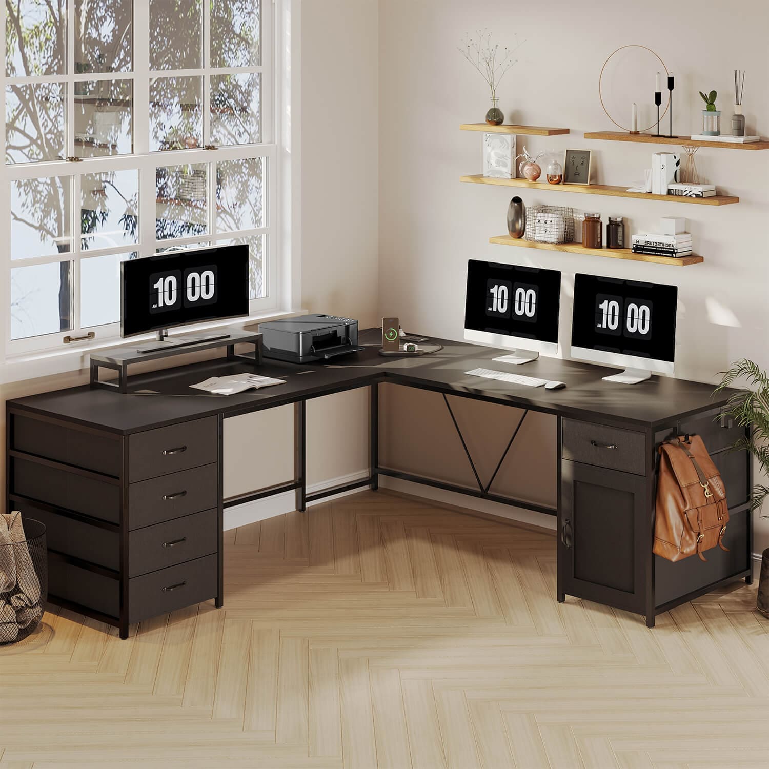 Sikaic Computer Desk 63 Inches L Shaped Corner Computer Desk with 5 Drawer Power Outlet Monitor Shelf Storage Cabinet Black