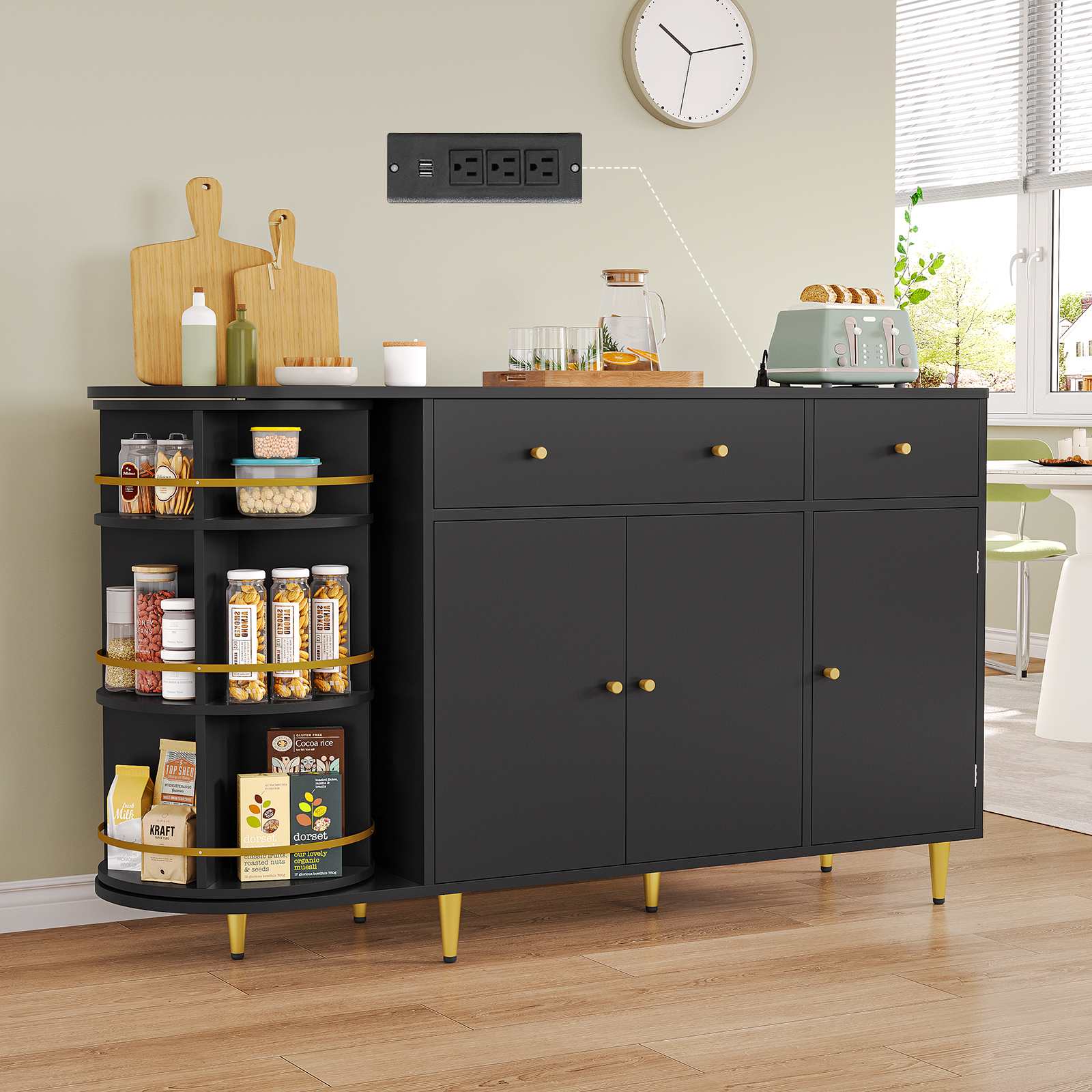 Sikaic Buffet Cabinet 55 Inches Buffet Cabinet Black Black / Engineered Wood / Modern