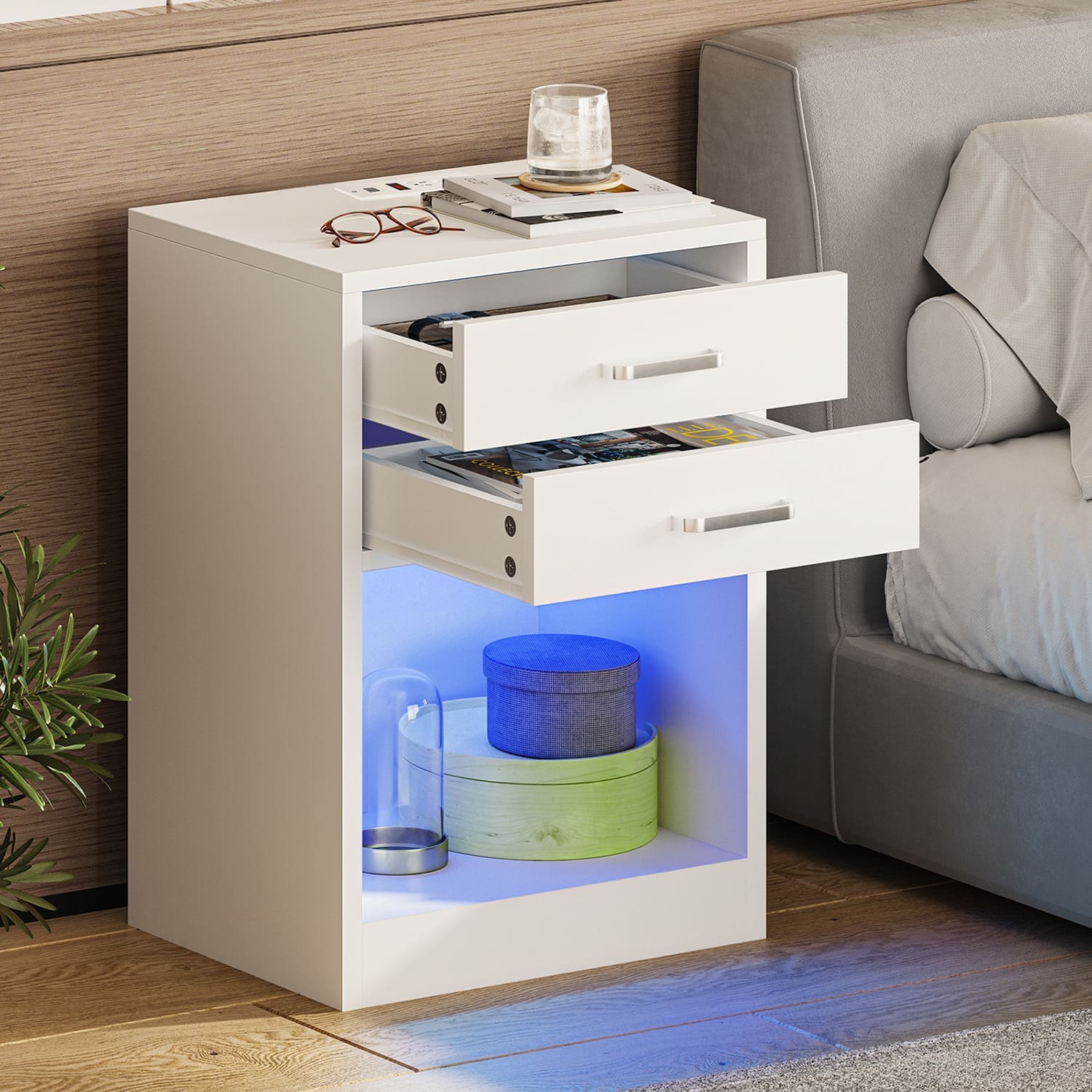 Sikaic Nightstand 2Pcs LED Nightstands with Charging Station Power Outlets & Drawers White