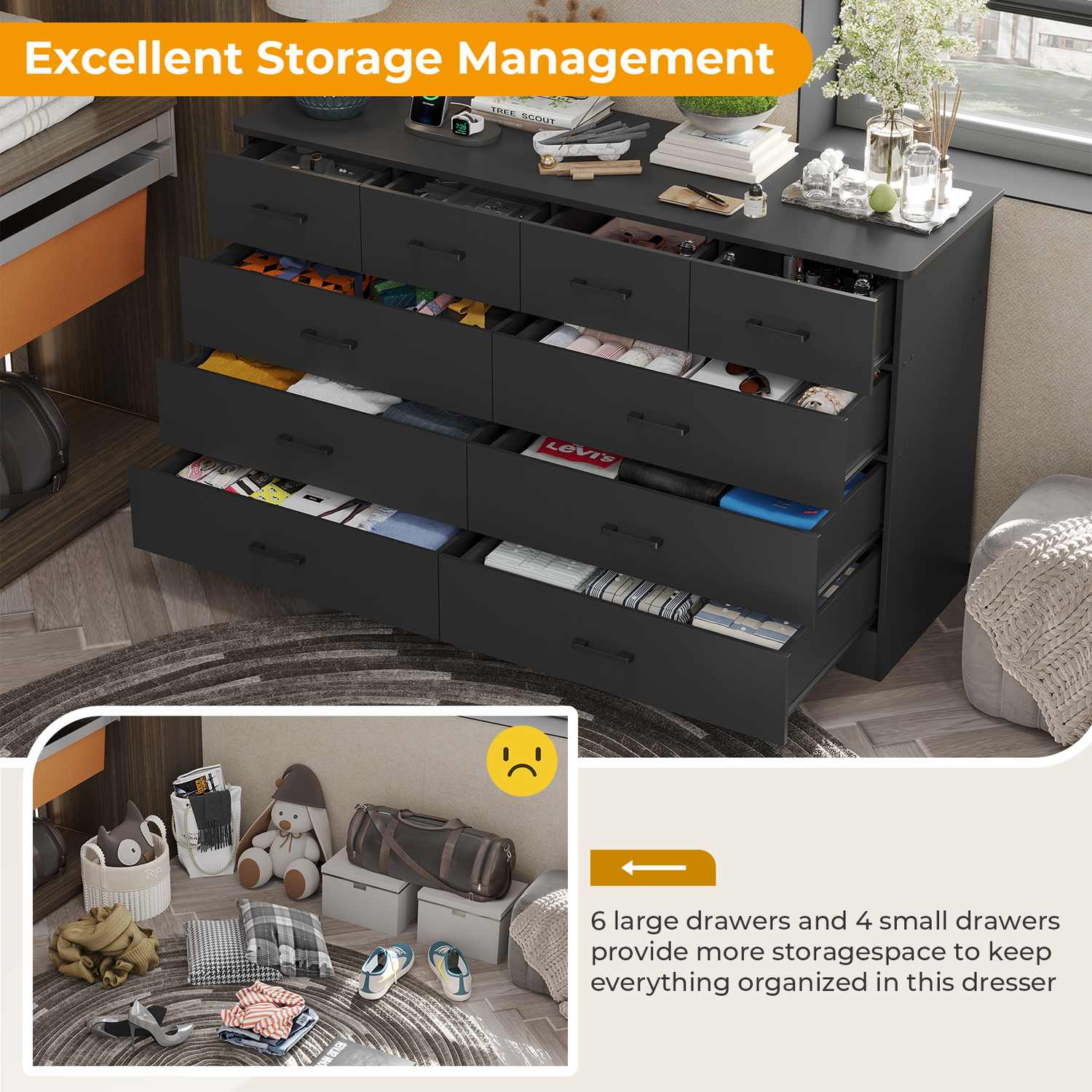 Sikaic Dresser 55.1 Inches 10 Drawers Modern Long Dresser with Power Outlets and Ample Storage Organizer for Bedroom Black