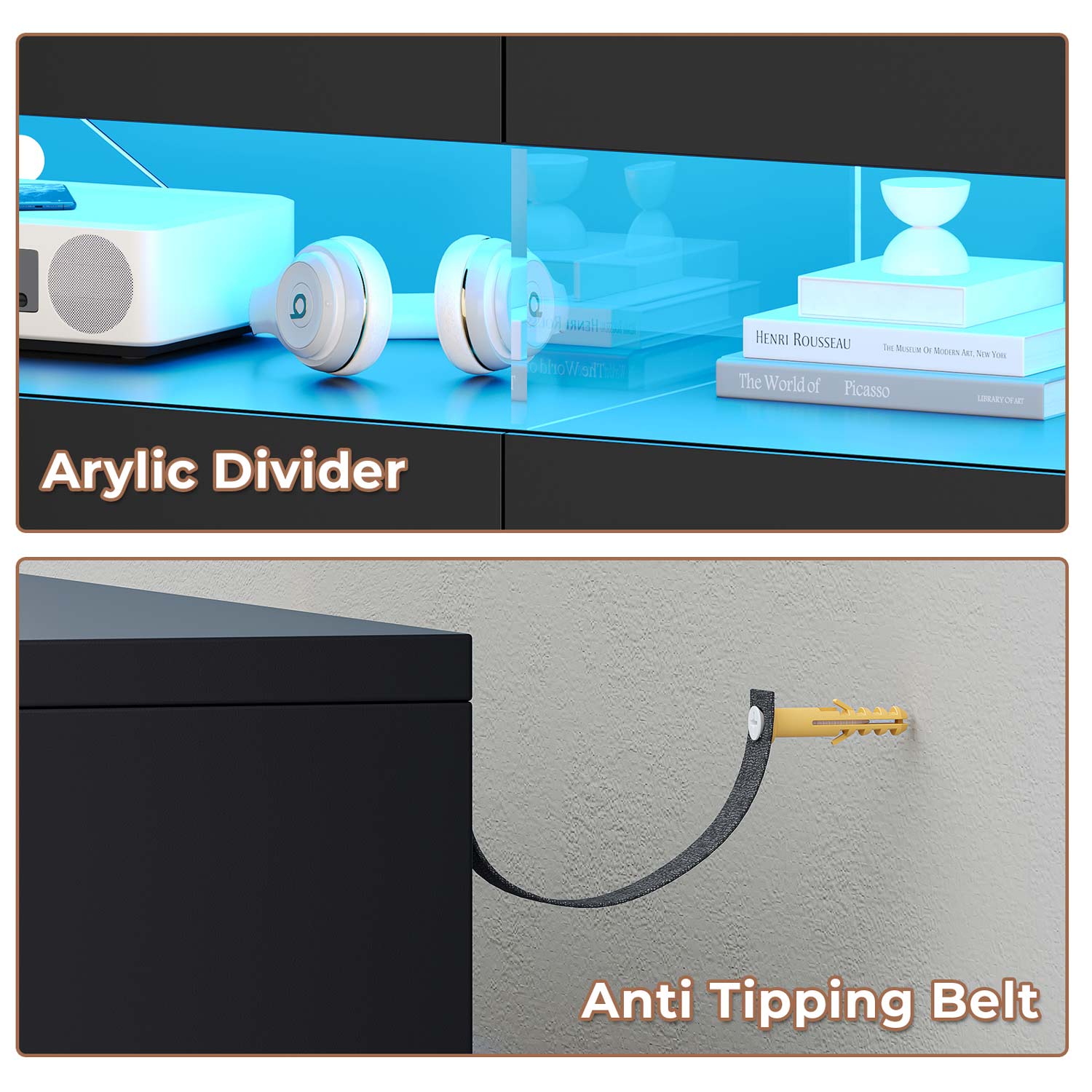 Sikaic Dresser Black Dresser for Bedroom with LED Lights Charging Station Modern Double Wide Drawer Organizer Cabinet